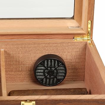 Desktop Humidor, Capri Elegant, Tempered Glasstop, Spanish Cedar Divider, Brass Ring Glass Hygrometer, Holds 25 to 50 Cigars