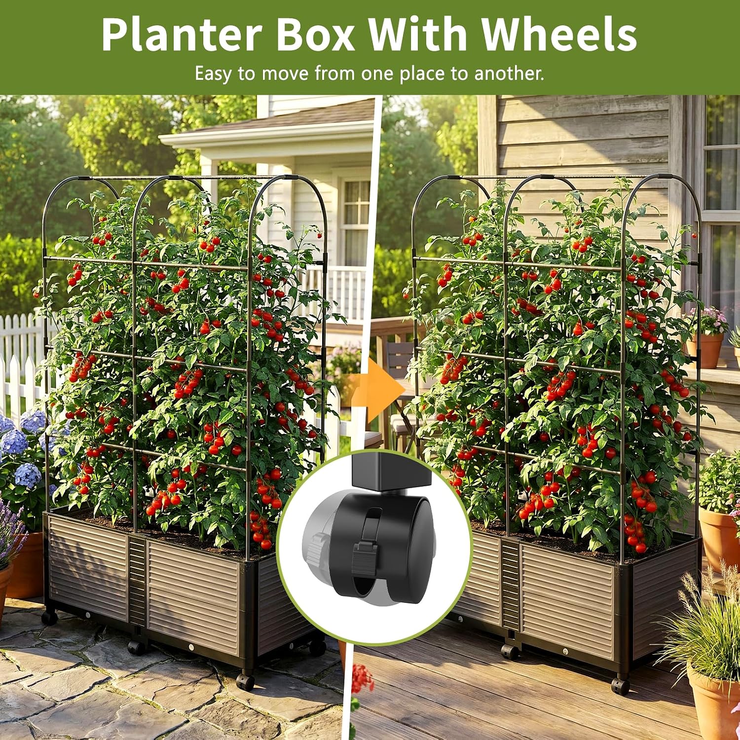 Raised Garden Bed Planter Box with Trellis, 73''H Tomato Planters for Climbing Plants Vegetable Vine Flowers Outdoor Patio Tomato Cage, Self Watering Planter with Wheels