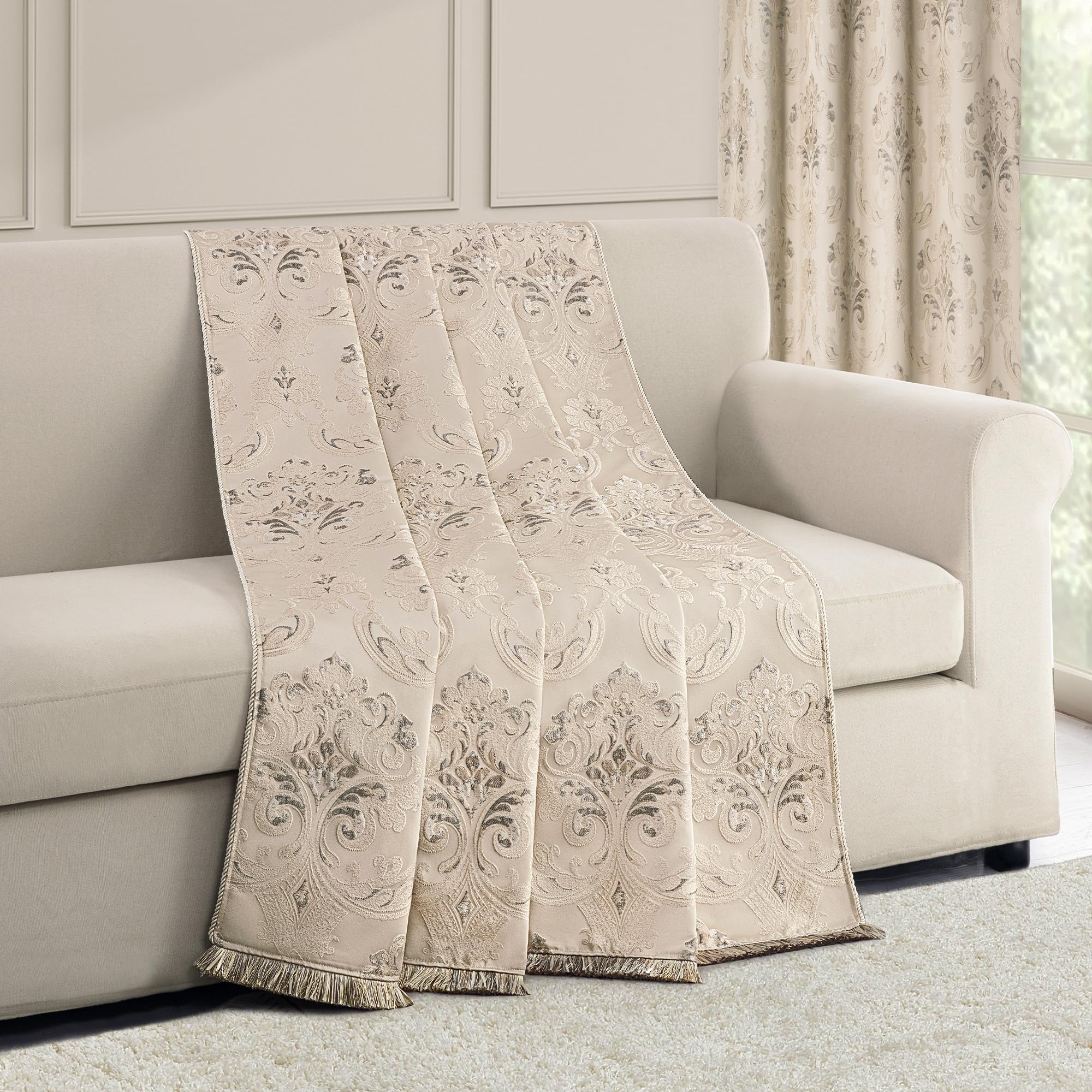 Manta Sofá de Jacquard Damasco, Manta Clásica de Lujo con Borlas para Cama Sofa Sillón Reclinable Sala de Estar Dormitorio 132x182cm (Beige)