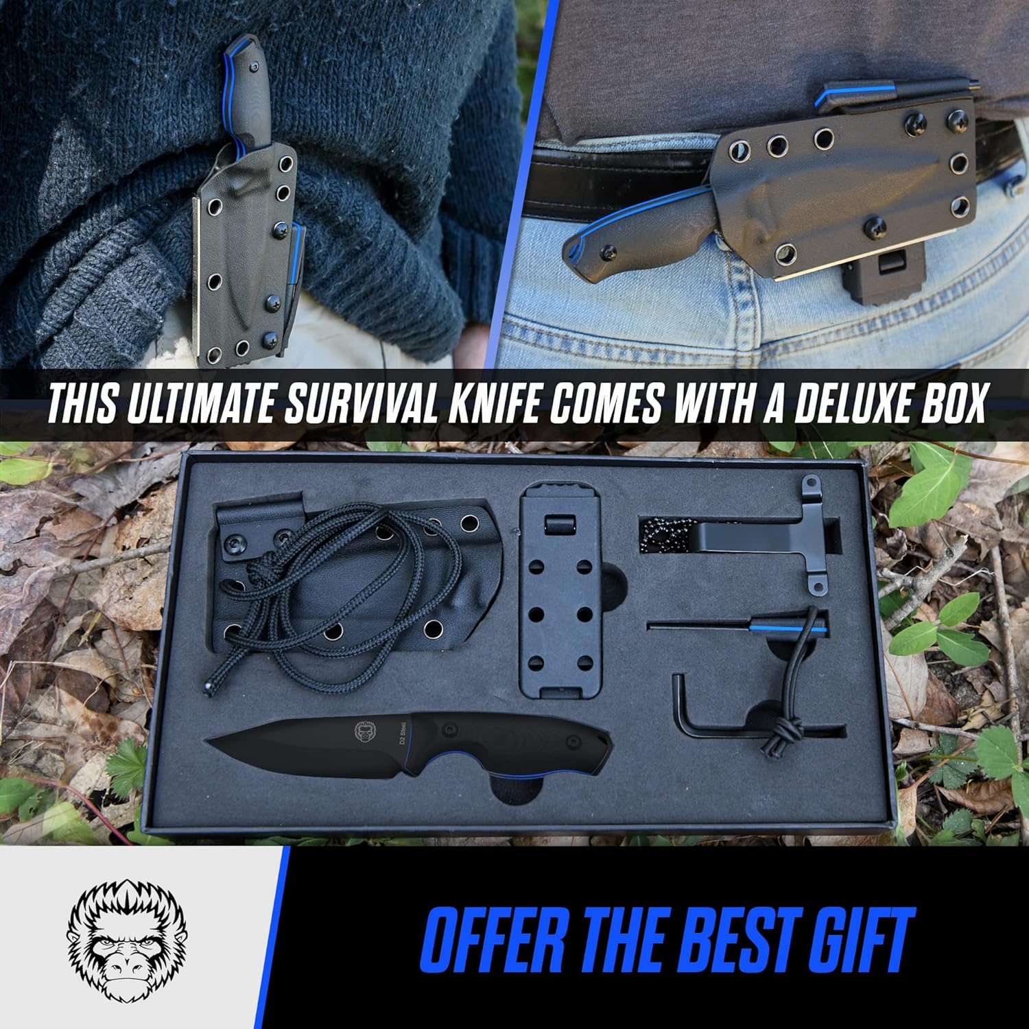 Holtzman's Gorilla Survival Baby Silverback Fixed Blade Hunting Knife with Kydex Sheath & Ferro Rod (Black+Blue) - Ideal for Camping and Outdoor Adventures