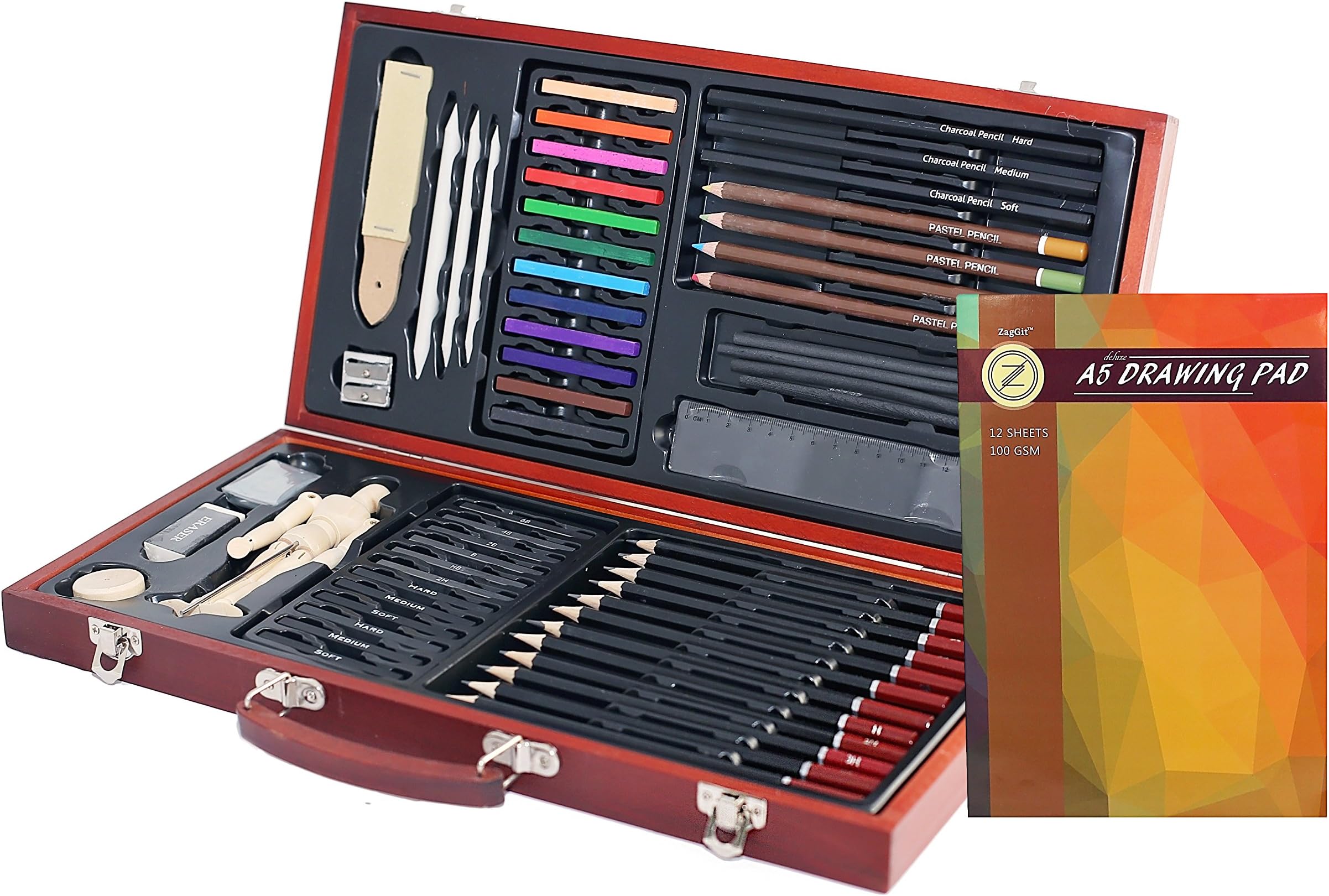 Professional Art Kit Drawing and Sketching Set 58-Piece in Wooden Box Colored Pencils, Art Kit for Kids, Teens and Adults/Gift by ZagGit