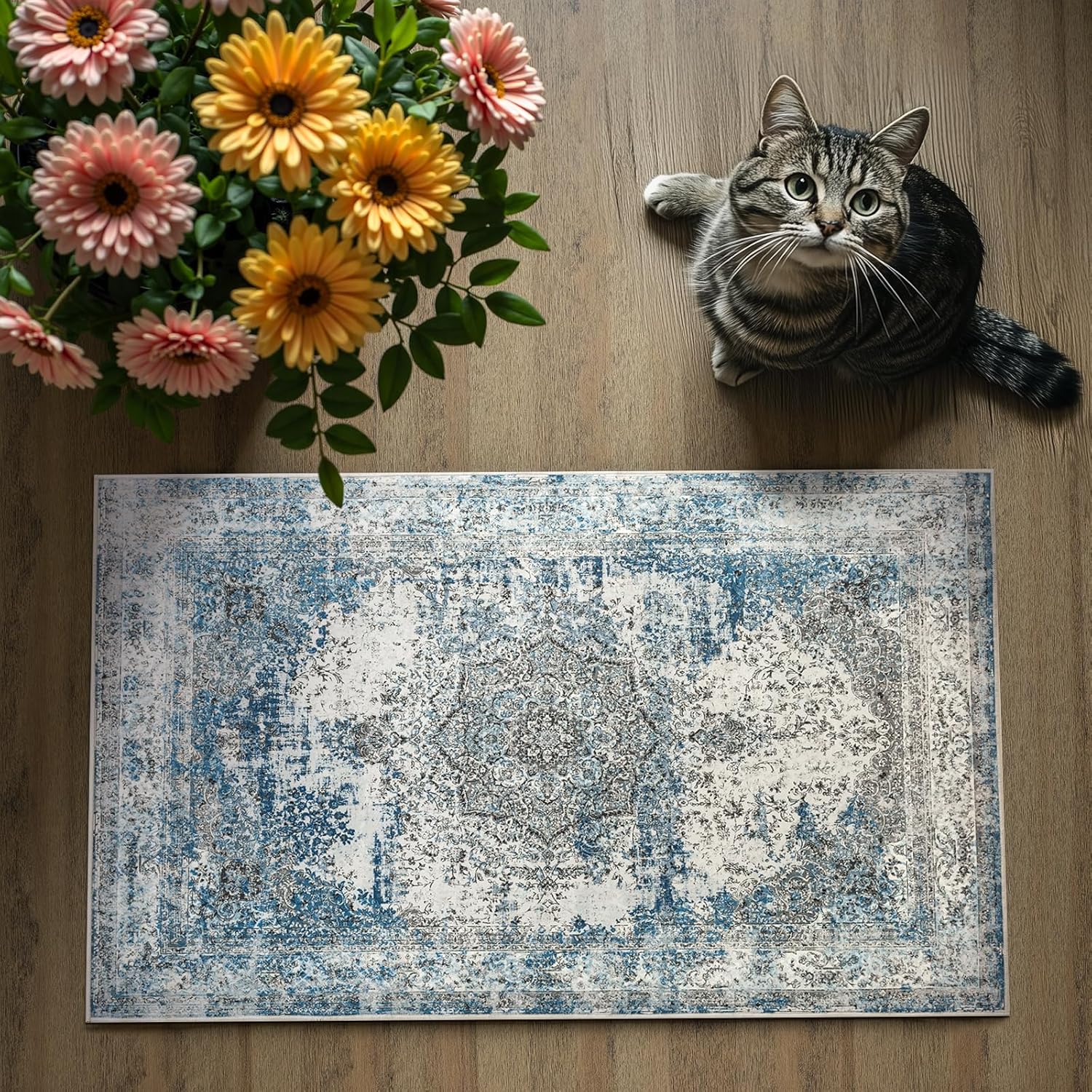 jinchan Area Rug 2x3 Washable Door Mat Vintage Distressed Rug Doormat Indoor Entrance Thin Traditional Floral Lightweight Non Slip Carpet for Kitchen Bedroom Living Room Blue
