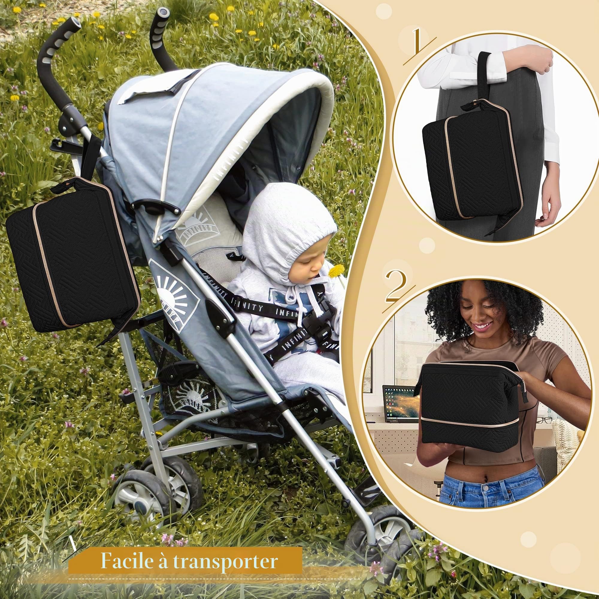 Sac pour tire-lait portable compatible avec les pompes Elvie et Medela Pump in Style, sac de transport double couche avec tapis imperméable et poches isolées pour les mamans qui travaillent, Noir