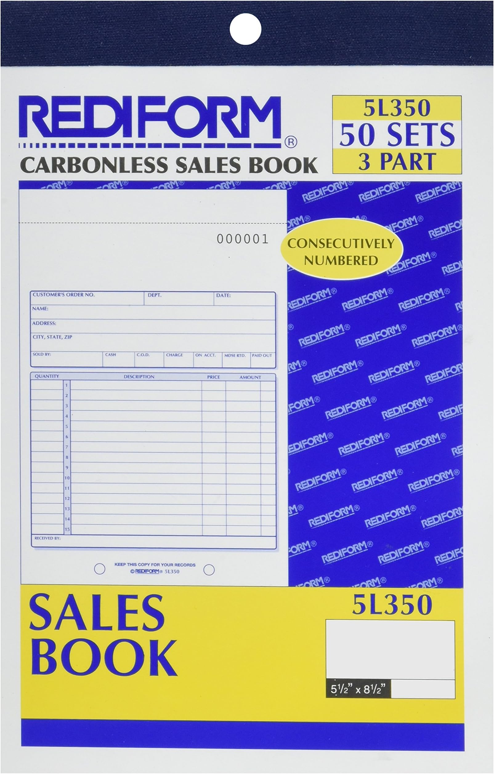 Rediform Sales Order Book, Manifold Cover, Carbonless Triplicate Forms, 5.5" x 8", 50 Numbered Sets (5L350)