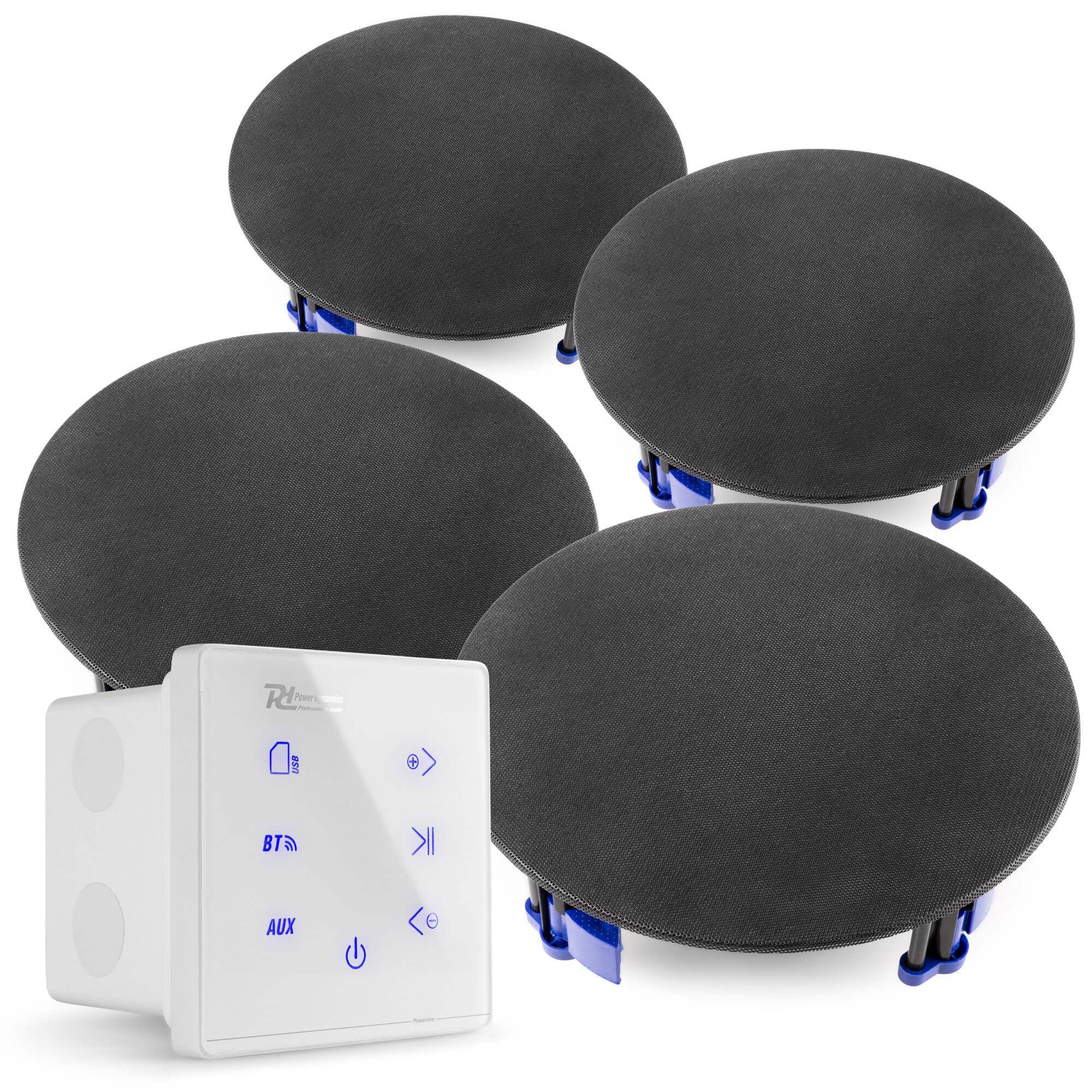 Power Dynamics Conjunto A100W con Amplificador Blanco táctil y 4 Altavoces de Techo Negros de 6,5” 2 vías, Bluetooth 5.0, Reproductor MP3 USB/microSD, 4x20W Clase D