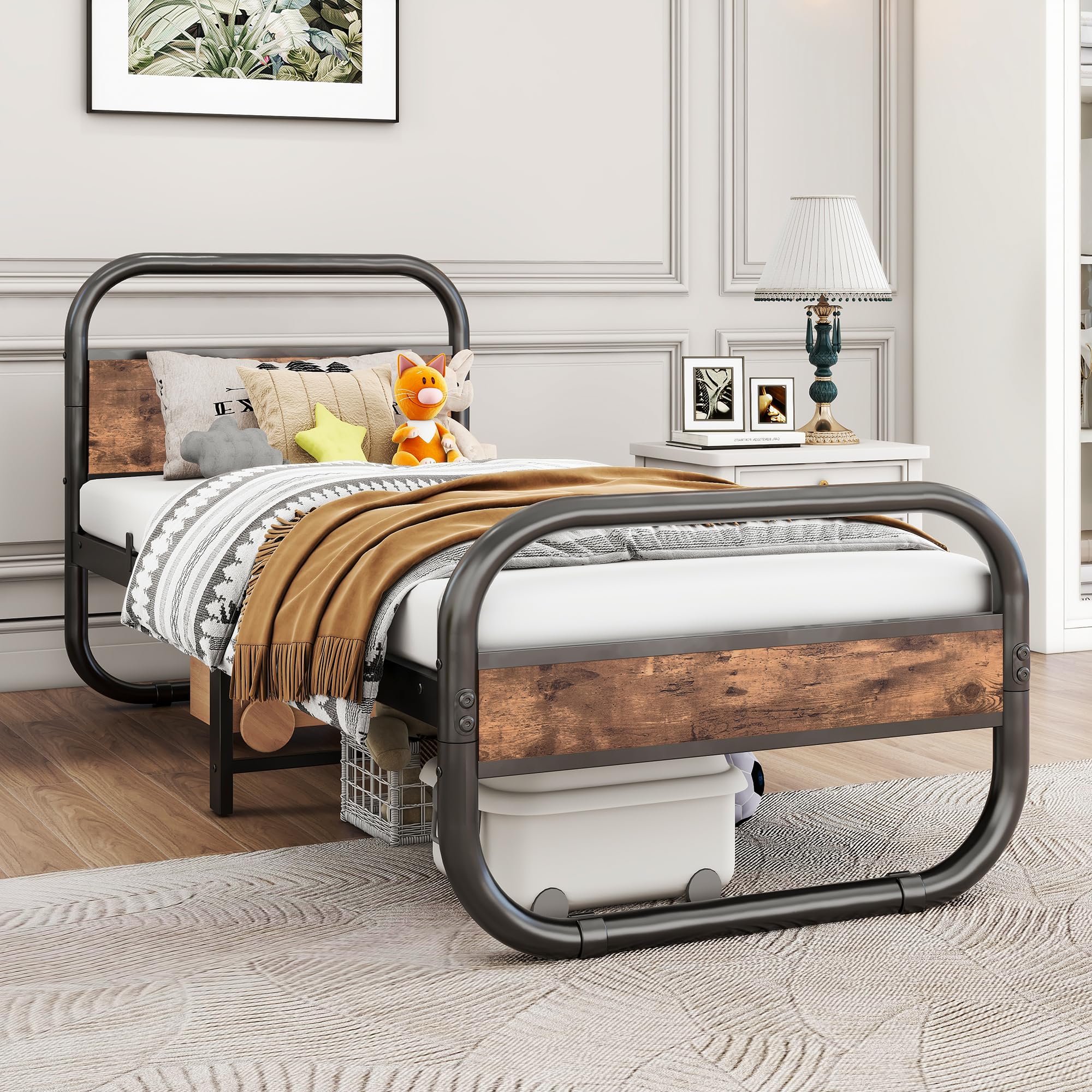 HOMERECOMMEND Łóżko 90 x 200, rama łóżka z metalu i drewna ze stelażem, łóżko metalowe, 90 x 200 cm, kolor czarny i brązowy