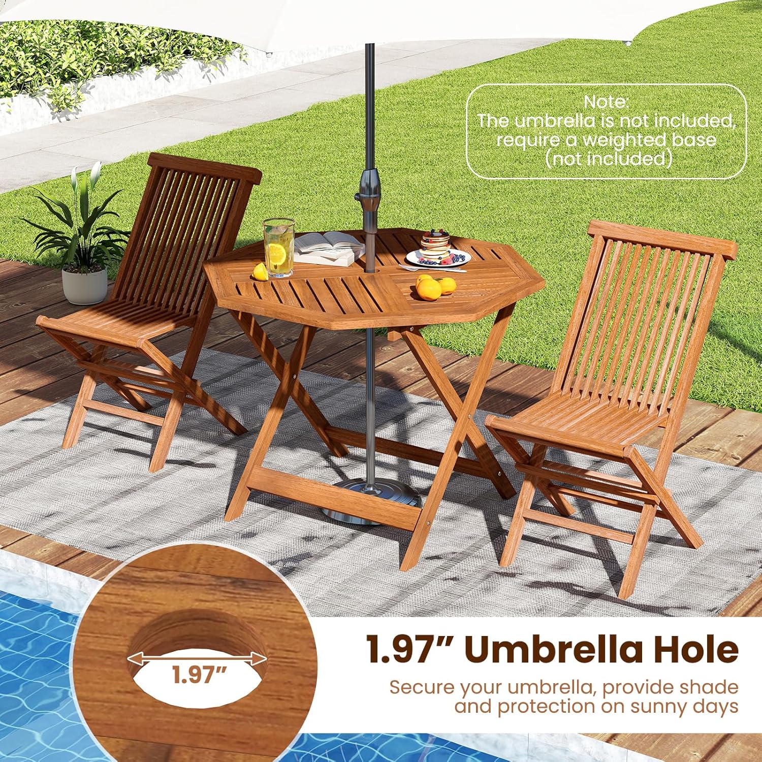 Tangkula 35.5" Octagonal Patio Dining Table, Hardwood Outdoor Bistro Table with Slatted Tabletop, 1.97" Umbrella Hole & Teak Oil Finish, Outside Table for Porch Balcony Deck Poolside Yard, 2 Pack