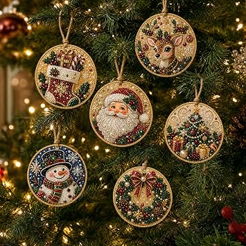 6/12Pcs Wooden Christmas Ornaments Pearl Diamond Art Kits for Adults, DIY Hanging Christmas Diamond Art Ornaments Set with Special- Shaped Gem Pearls & Jute Twine, Christmas Decor Craft J#, 6PC