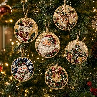 6/12Pcs Wooden Christmas Ornaments Pearl Diamond Art Kits for Adults, DIY Hanging Christmas Diamond Art Ornaments Set with Special- Shaped Gem Pearls & Jute Twine, Christmas Decor Craft (J#, 6PC)