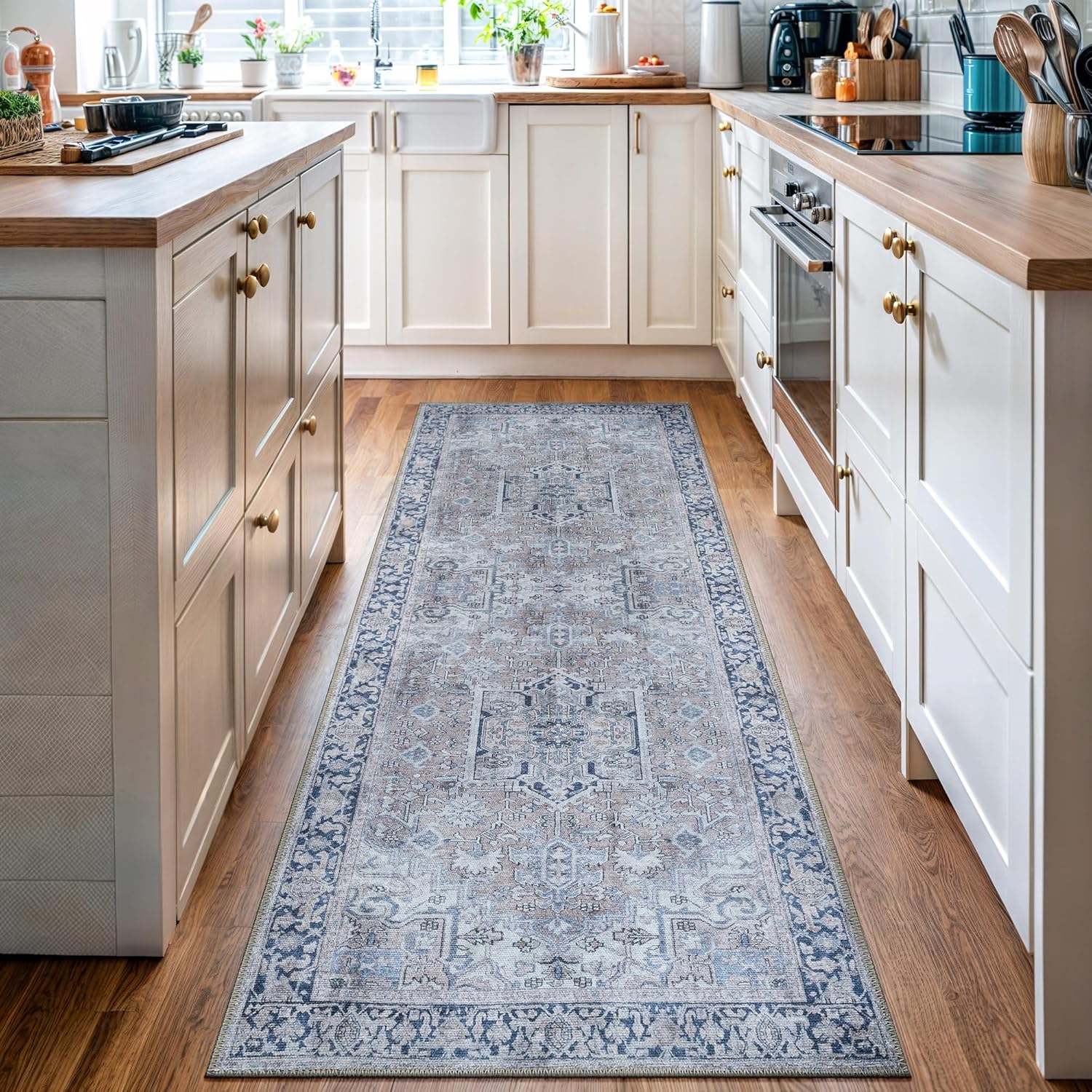 Easy Care 2’6″ x 10′ Non-Slip 10 Foot Long Runner Rug for Entryway, Hallway, Bedroom, Bathroom, Kitchen Vintage Farmhouse – Stain Resistant & Durable, Moreno Collection – Beige/Blue Easy Care 2’6″ x 10′ Non-Slip 10 Foot Long Runner Rug for Entryway, Hallway, Bedroom, Bathroom, Kitchen Vintage Farmhouse – Stain Resistant & Durable, Moreno Collection – Beige/Blue