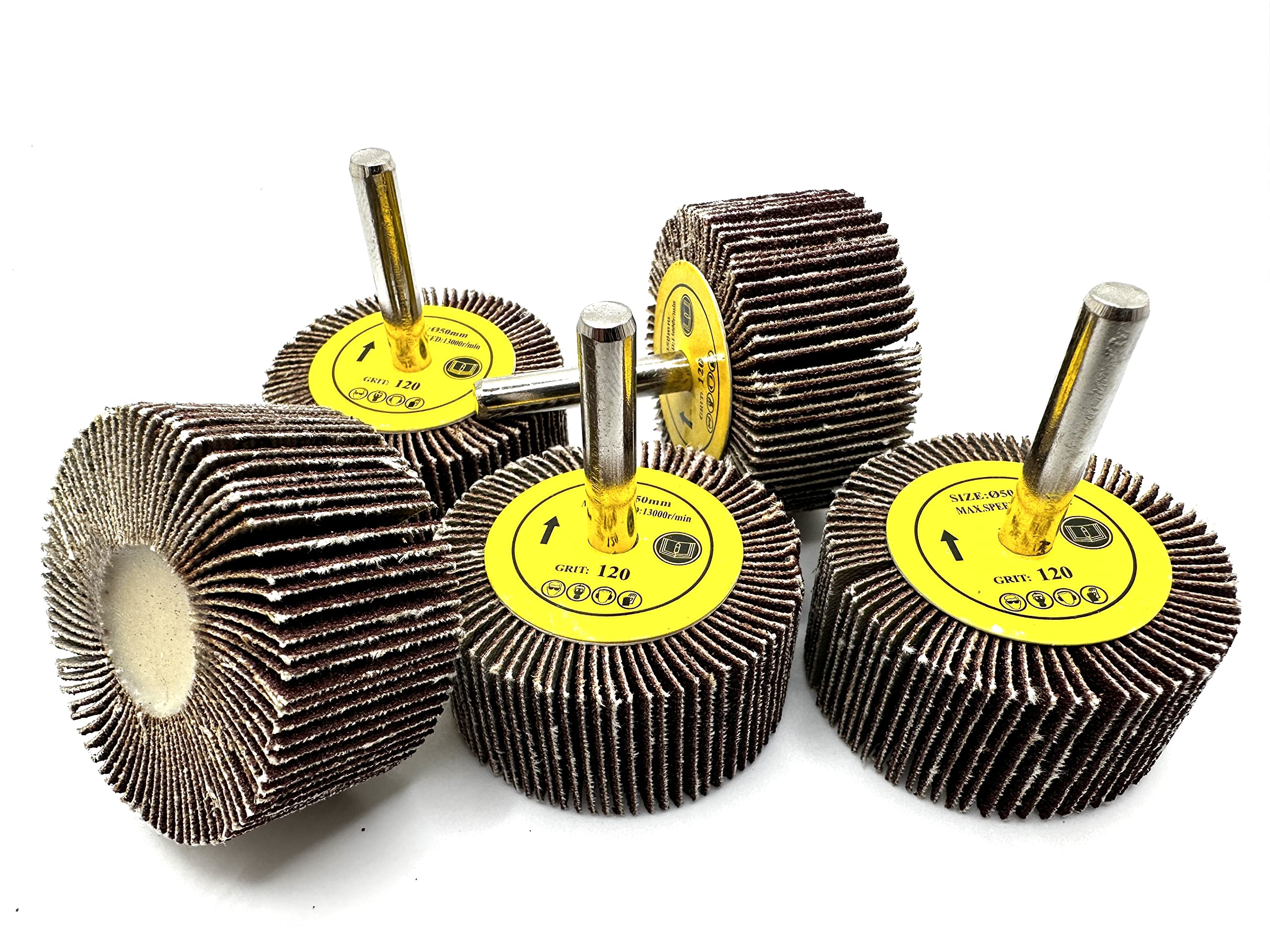 SuperGrindzPro-Graad 2" x 1" x 1/4" Aluminum Oxide Shank Mounted Abrasive Flap Wheels, Ideal for Metal, Wood, Grinding, Blending, Polishing, Rust & Paint Removal, 120 Grit (5 Pack)