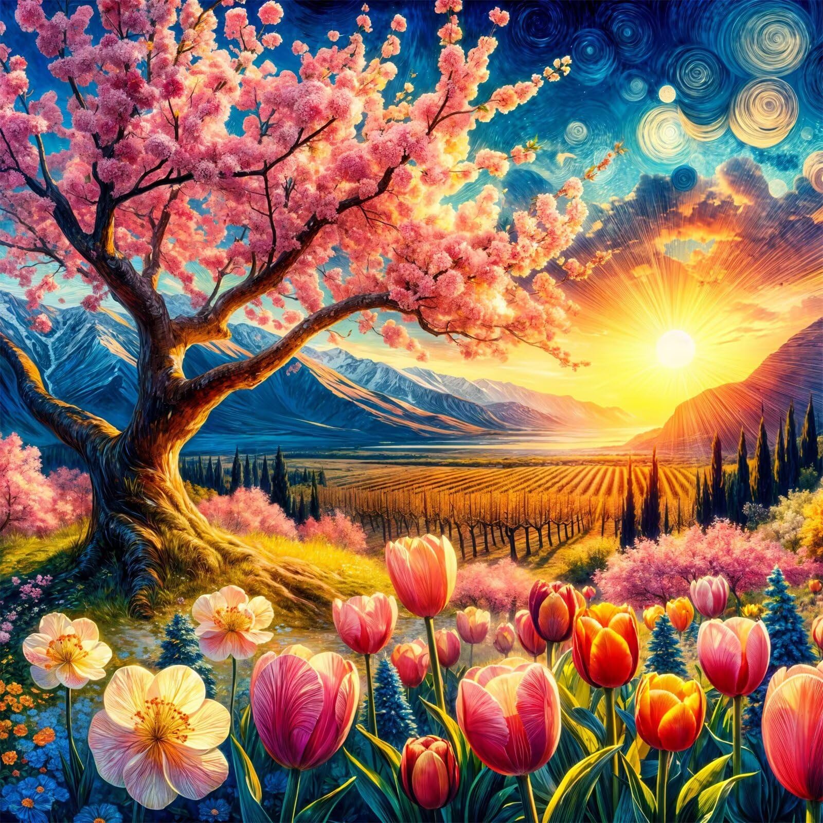 Zachód słońca, tulipan, zestawy do malowania diamentami, DIY, zestaw do malowania diamentami 5D, pełne kwadratowe wiertło, 85 x 85 cm, haft krzyżykowy, płótno do malowania według numerów, dla