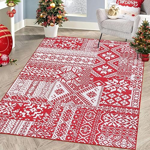 Miniatura 7 de Alfombra roja de estilo bohemio con copos de nieve, antideslizante, para interiores, lavable, decorativa, para sala de estar, dormitorio, guardería,