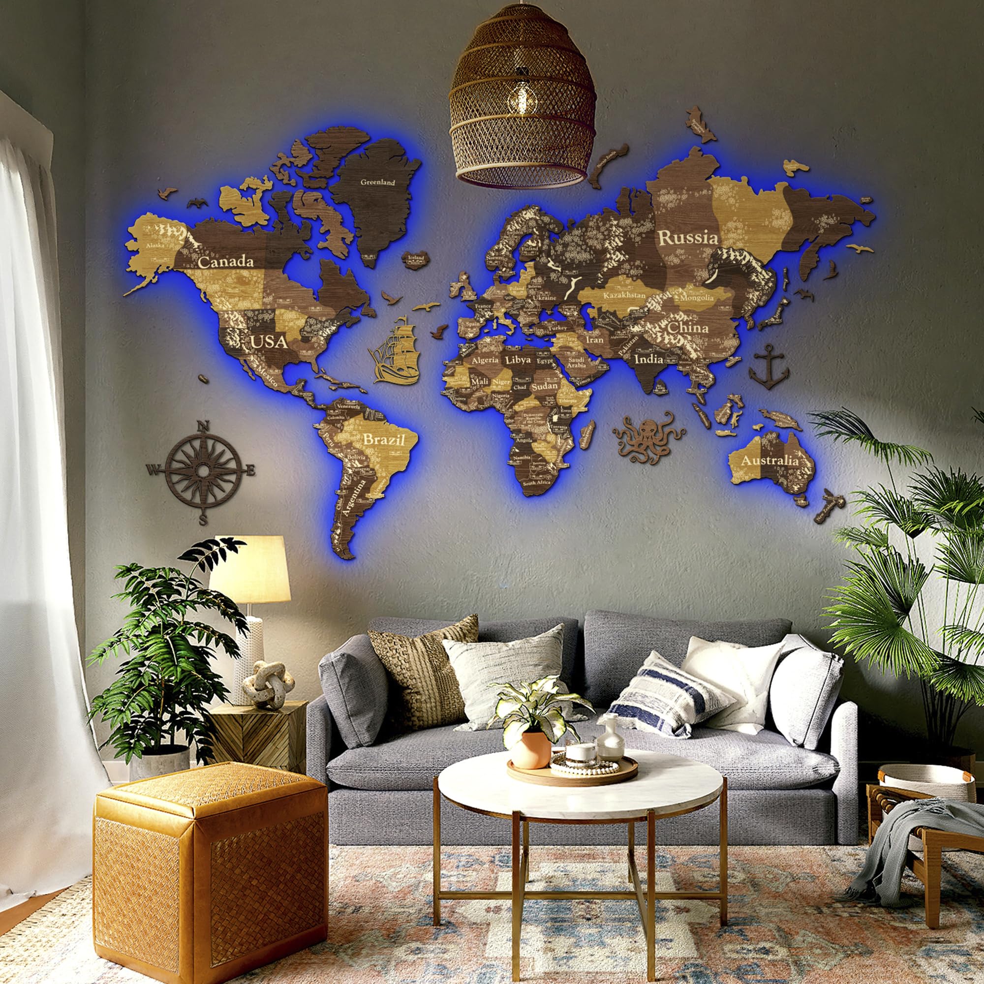 Amazon.com: JustLikeWood 118x68″ LED 3D Wooden World Map Wall Art