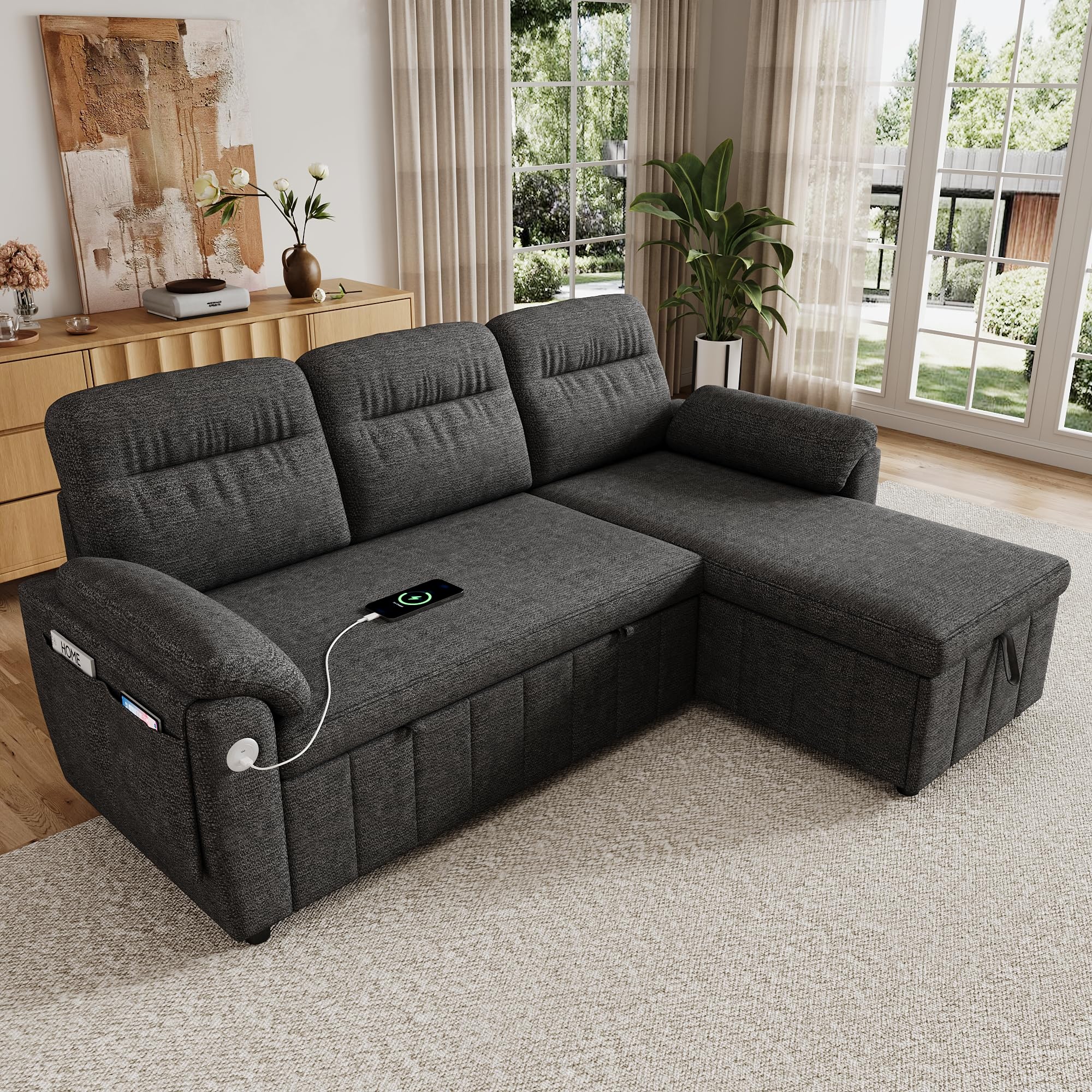 Sofá modular de 3 plazas con función cama extensible y USB/Type-C, sofá esquinero en forma de L con reposacabezas semifijos y compartimento de almacenamiento, sofás con chaise longue