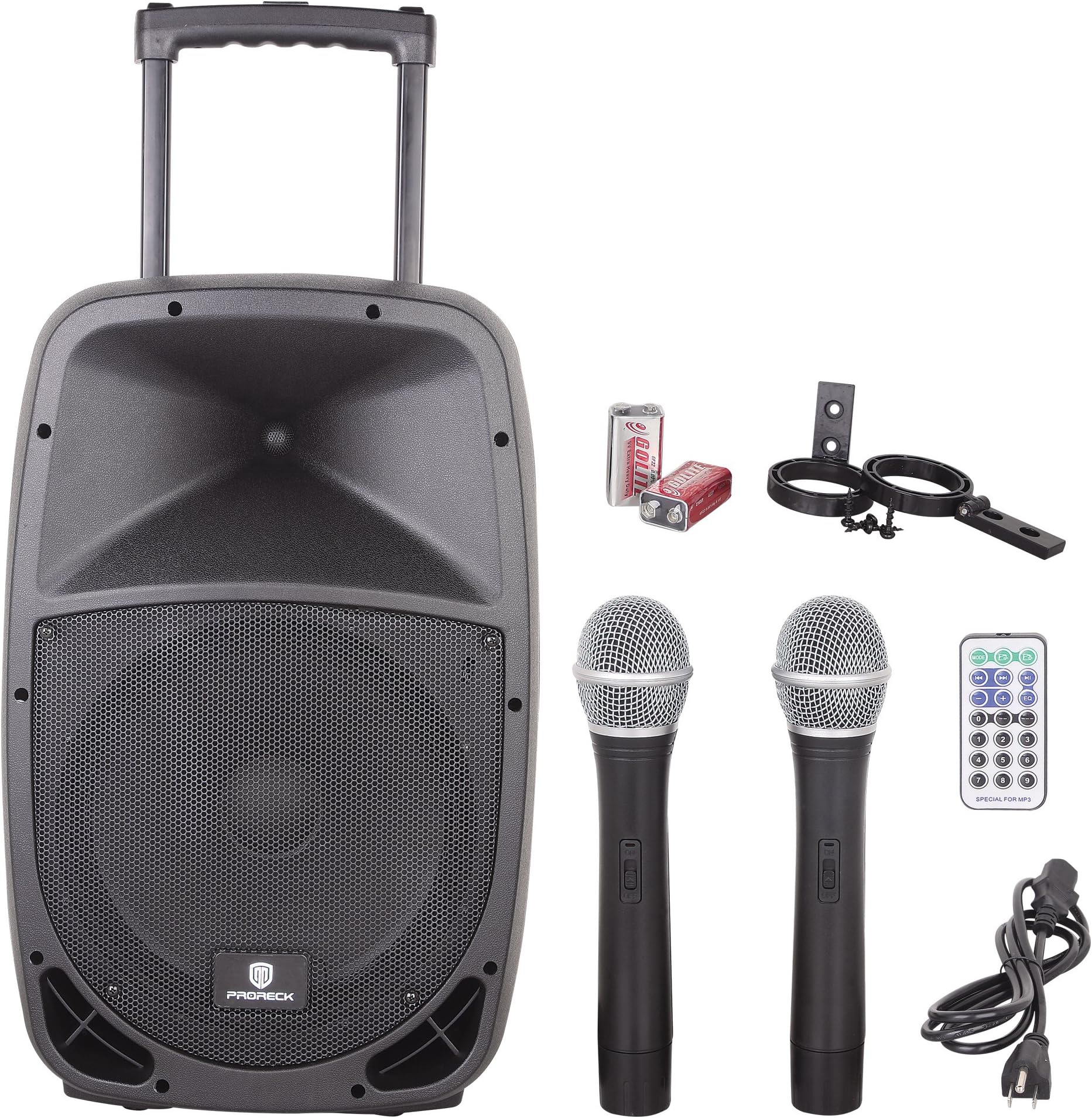 PRORECK 12-inch Rechargeable Battery Powered Pa Speaker System Bluetooth/USB/SD Card Reader/FM Radio/Remote Control, Wireless Microphone, 500 Watt