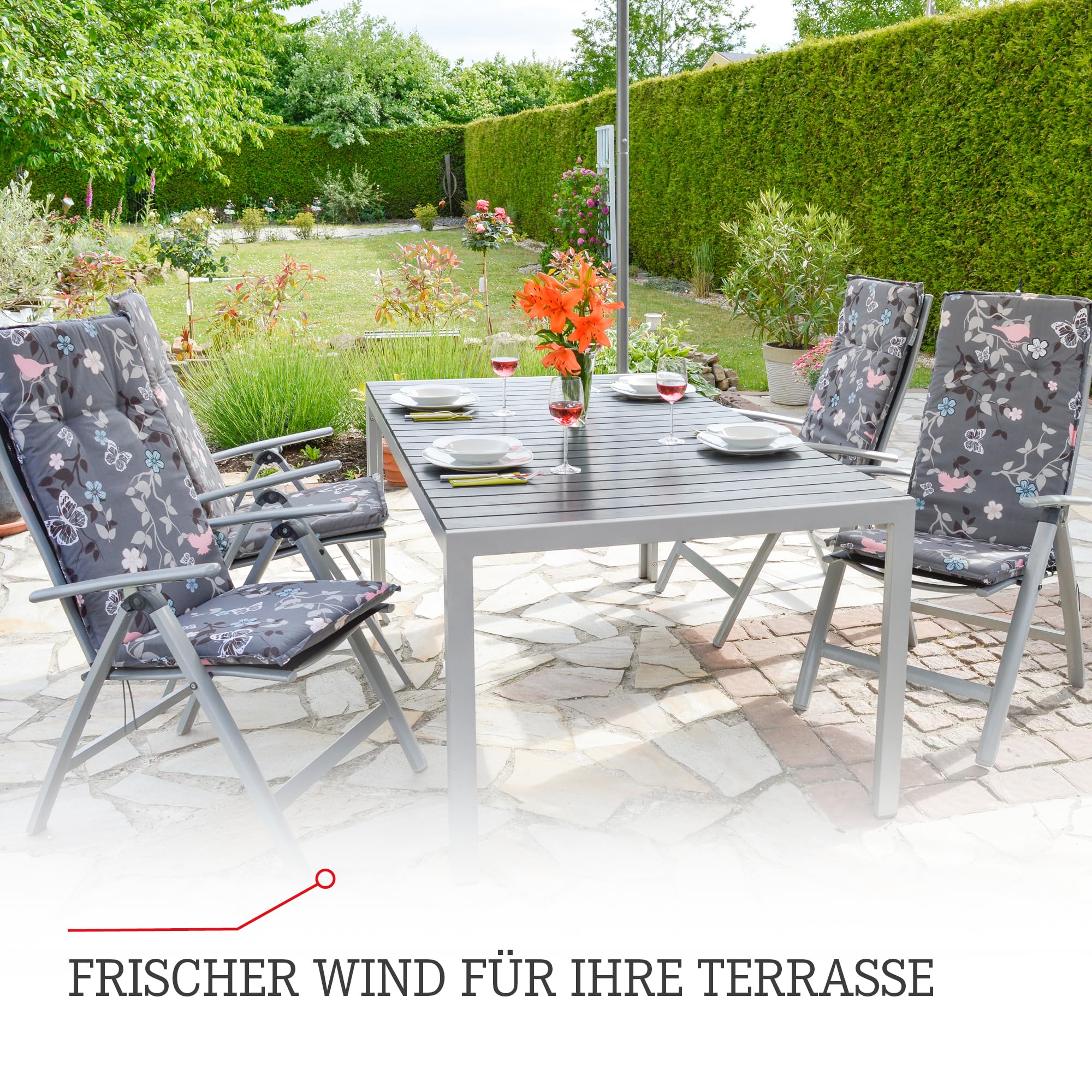 Beo Gartenstuhlauflagen Hochlehner 2er Set Barcelona | Made in EU nach Öko-Tex Standard | Hochlehner Auflagen waschbar | Atmungsaktive Stuhlauflagen Hochlehner mit Blumen in Grau-Schwarz-Weiß