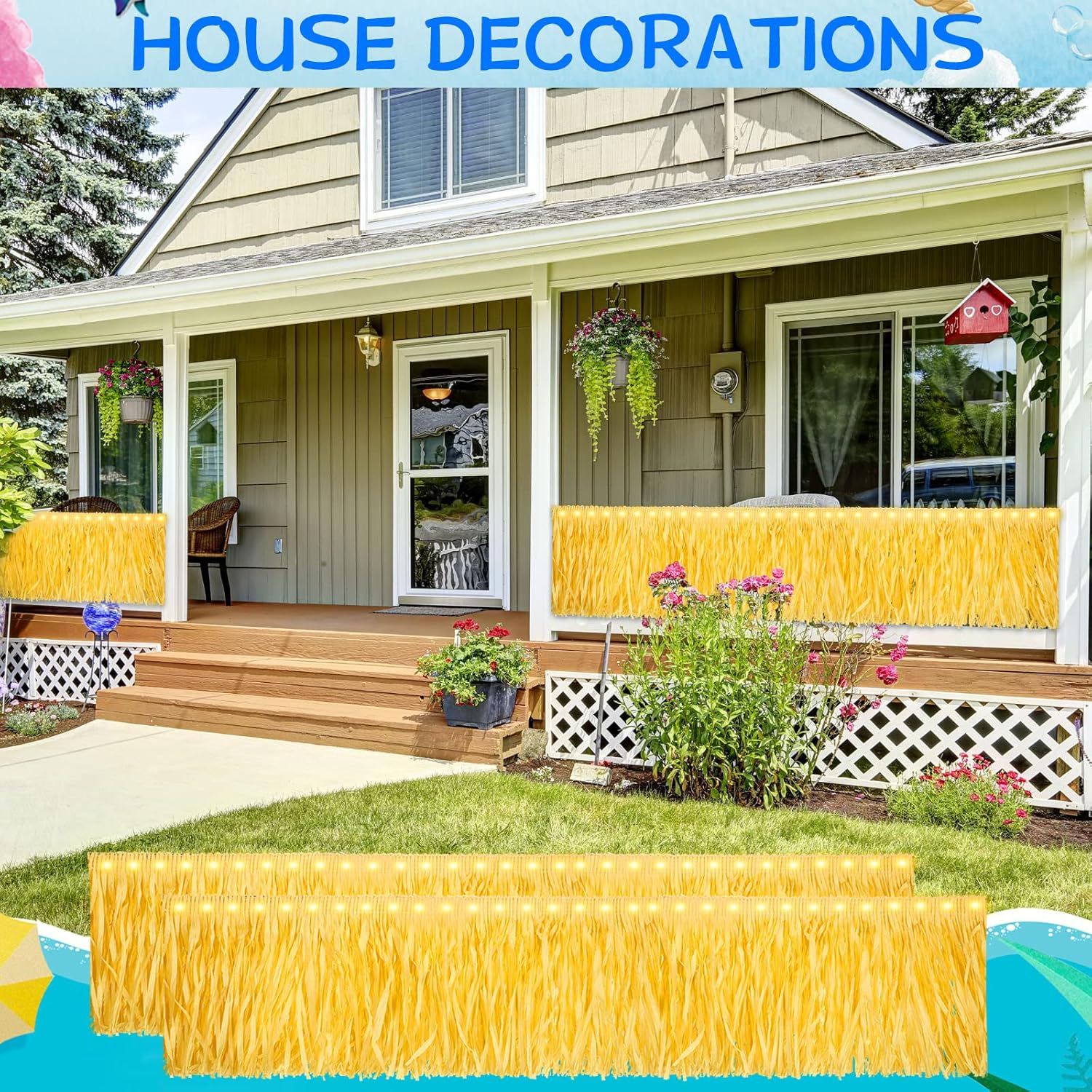 Sinmoe 4 Pack Hawaiian Luau Grass Fringe Banner Table Skirt with LED Lights 160 x 12 Inch Raffia Grass Table Skirt for Bar Tropical Beach Party Hula Birthday Garland Graduation Decorations