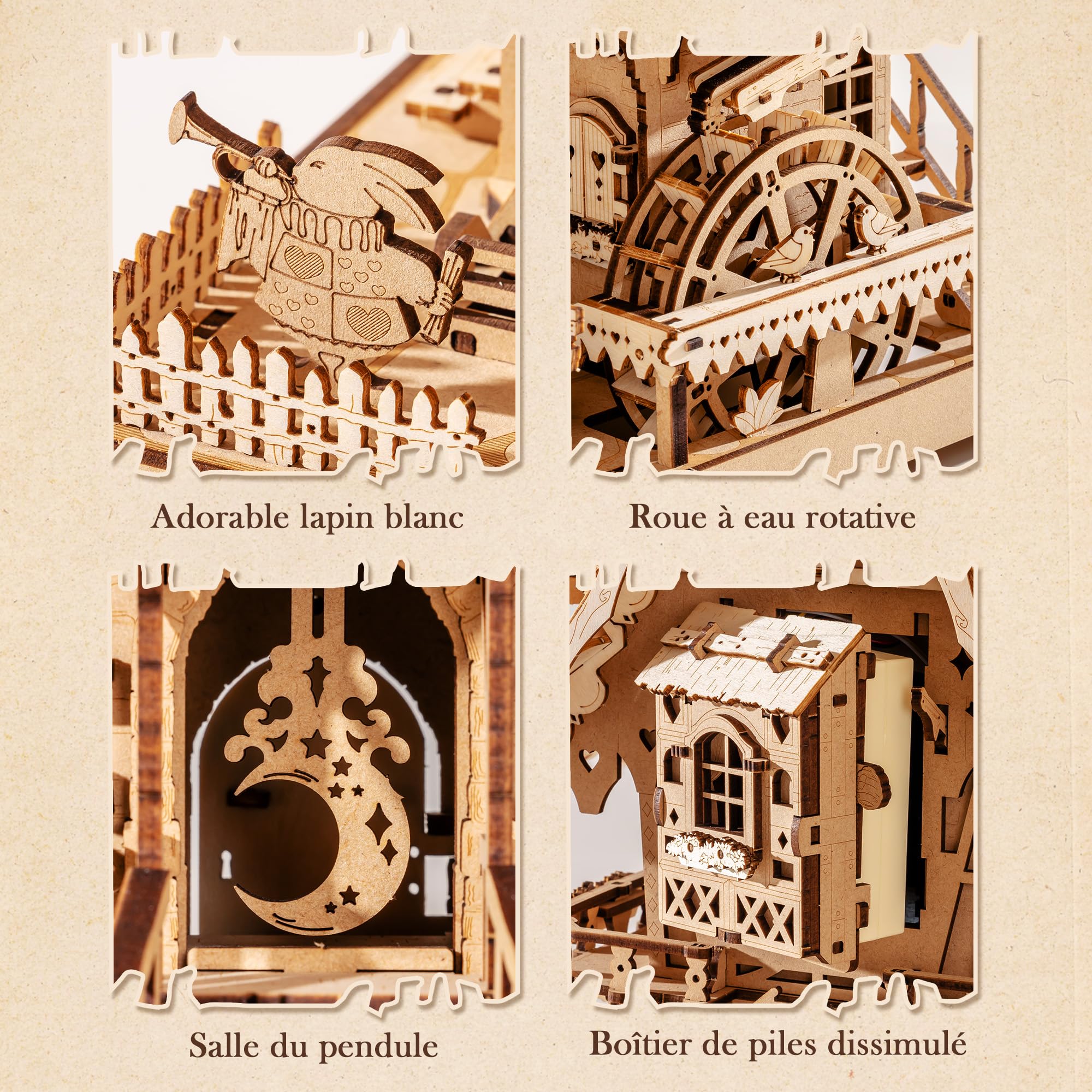 ROBOTIME Puzzle 3D Horloge à Coucou en Bois pour Adultes,Kit de Modèle à Construire,Horloge Fonctionnelle avec Son du Coucou,Décoration Maison,Cadeau pour Adolescents&Adultes,LC901 (Couleur de Bois)