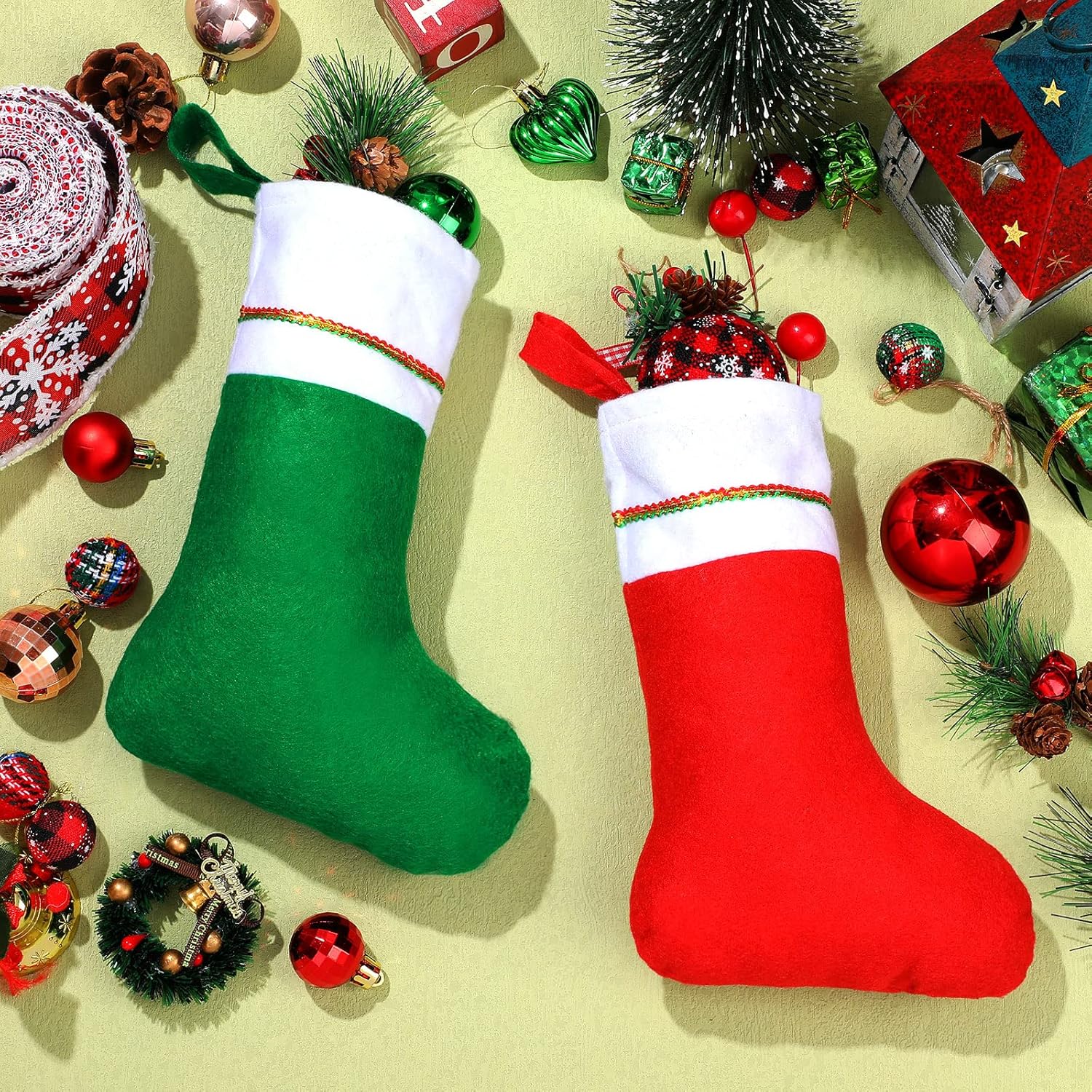 50 Pcs 9 in Christmas Felt Stockings Bulk, Felt Stockings Bags Xmas Fireplace Hanging Stockings Christmas Tree Hanging Ornaments for Family Christmas Holiday Decorations (Red, Green)