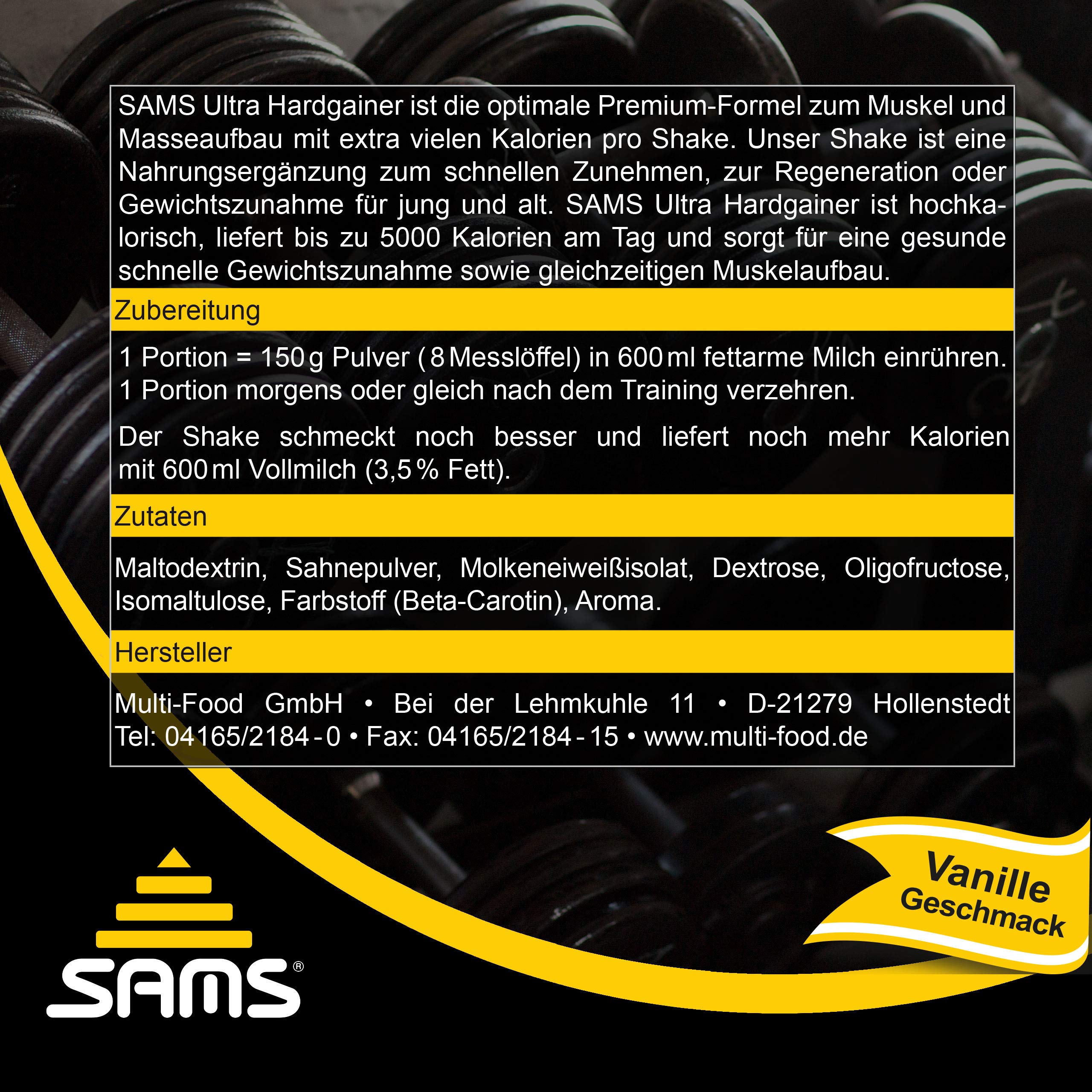 5000 Kalorien pro Tag – Mass Weight Gainer mit Whey Protein Isolat Pulver – Aufbaunahrung für maximale schnelle Gewichtszunahme – Muskelaufbau & Masseaufbau SAMS Ultra Hardgainer (Vanille 1050 g)