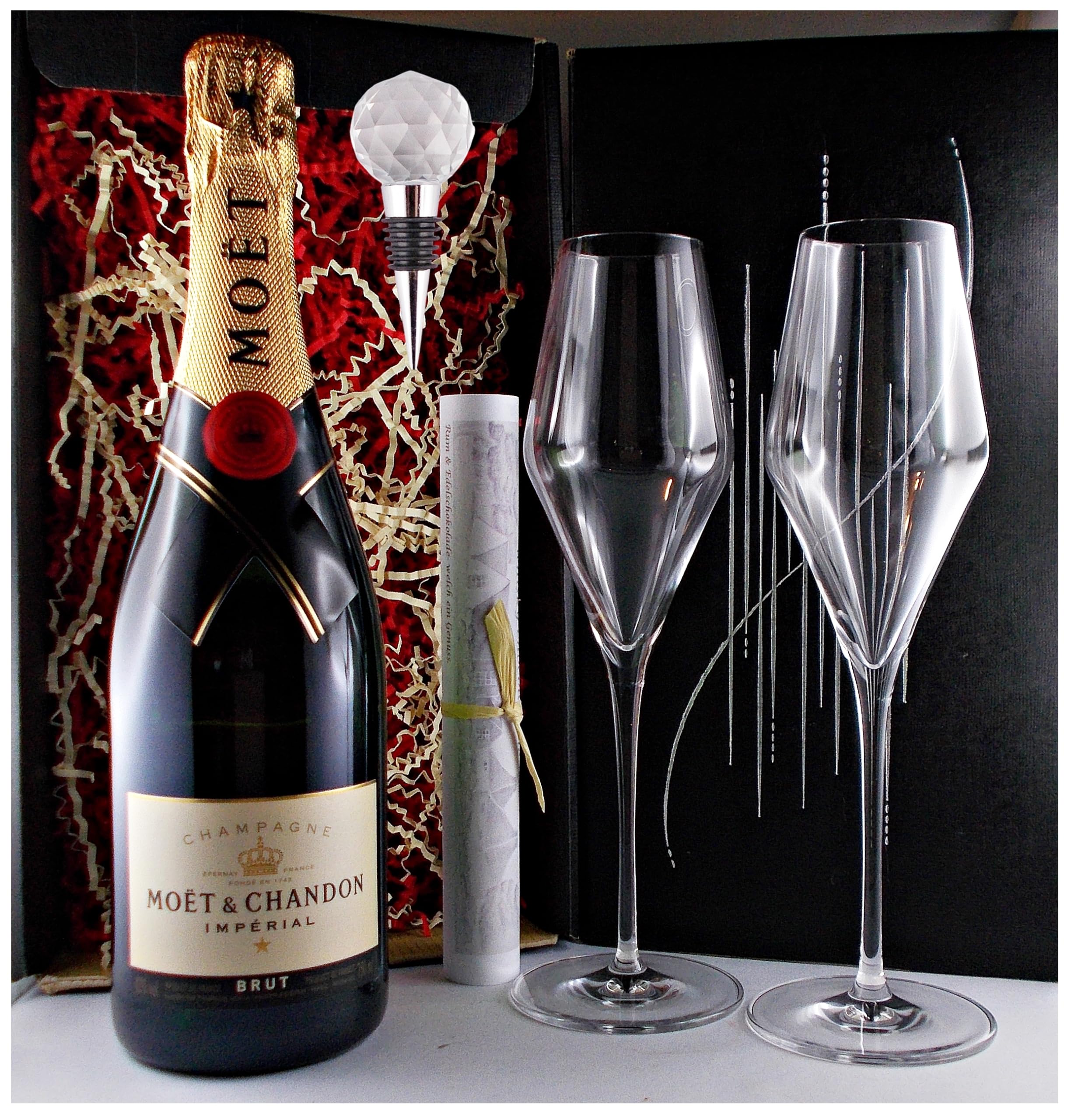 Moet & Chandon Brut Impèrial Champagner + Flaschenverschluß + 2 Gläser in Geschenk Karton Geschenkset Frauengeschenke Männergeschenke Schaumwein