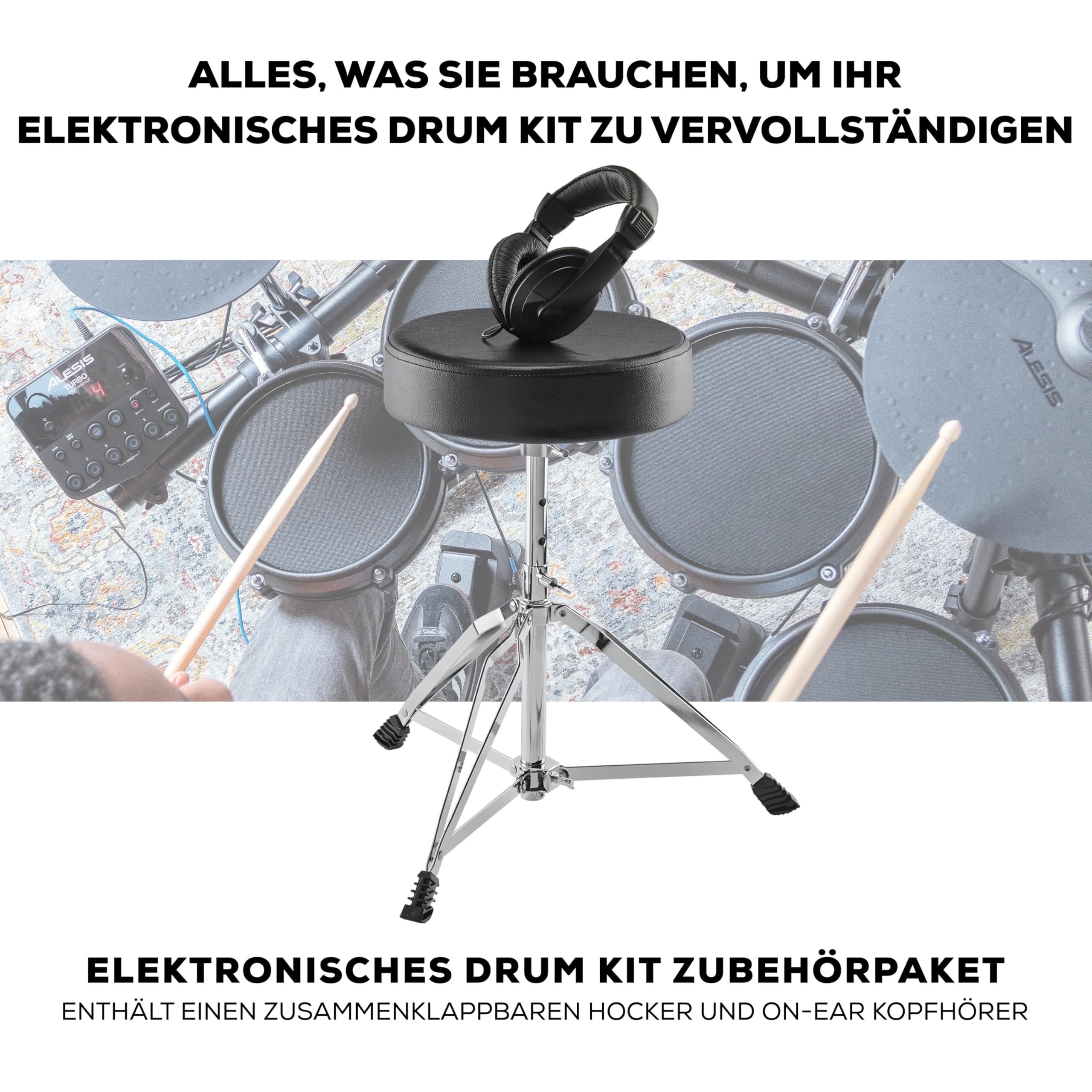 Alesis Drum Essentials Bundle - Komplettes E-Drum Set Zubehörpaket, Inklusive Schlagzeughocker und Ohrumschließende Kopfhörer
