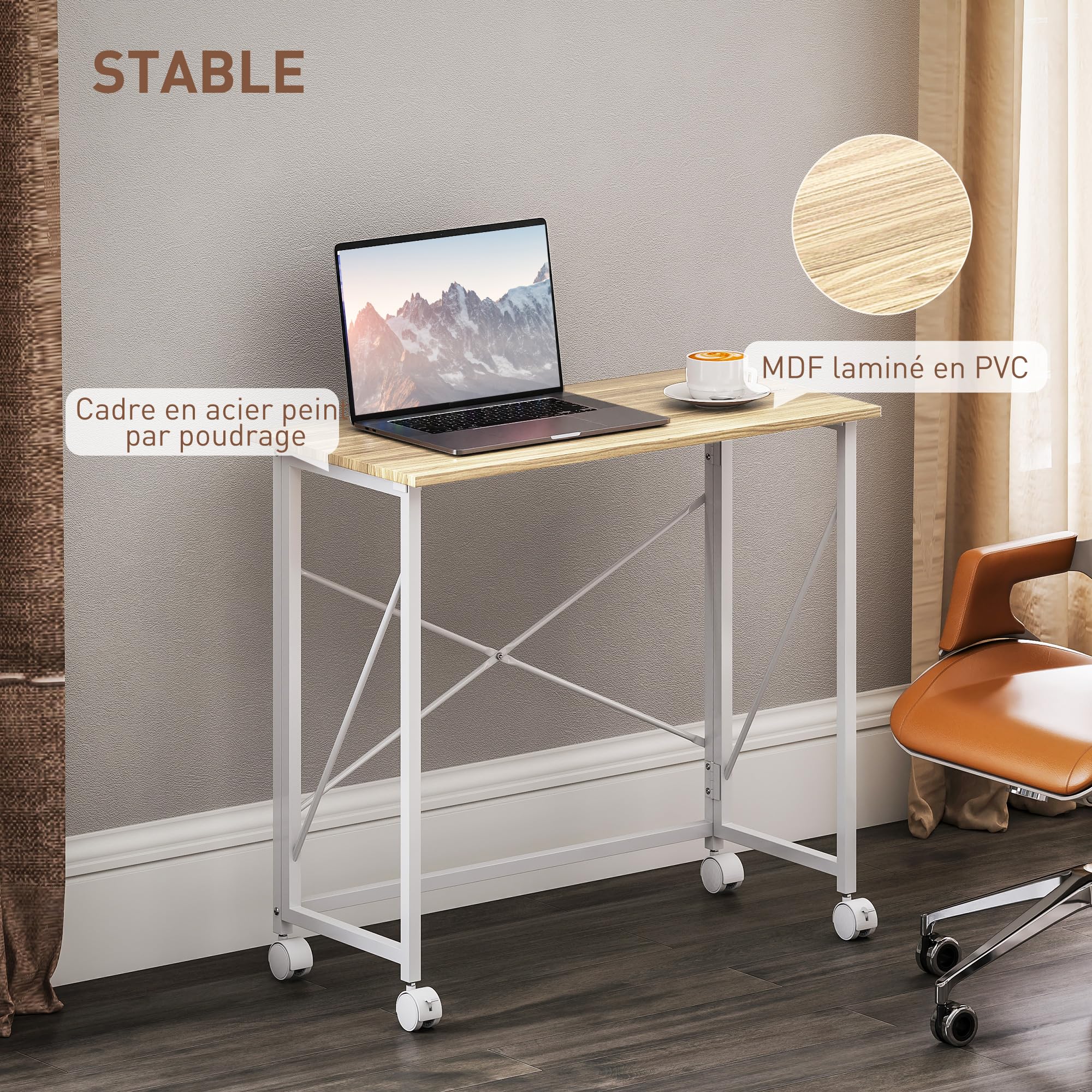 HOMCOM Bureau Pliant Table d'Ordinateur sur roulettes 80 x 40 cm Chêne