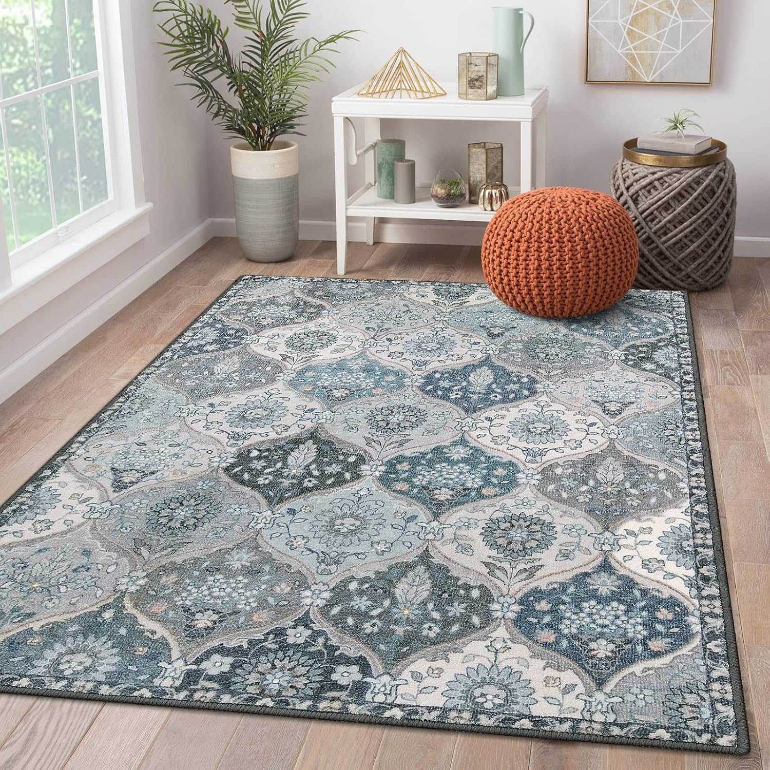 Lahome Moroccan Washable Rug 9x12, Ultra-Thin Soft Living Room Area Rug with Rubble Backing,Non-Slip Washable Rugs for Bedroom Non Shedding Throw Rugs for Living Dining Room Office (9x12,Blu