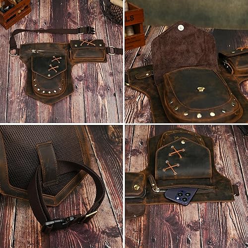 Miniatura 5 de Lona resistente al agua más cuero motocicleta riñonera un hombro gota pierna muslo bolsa para hombres mujeres N211-8, Marrón, Estilo vintage retro