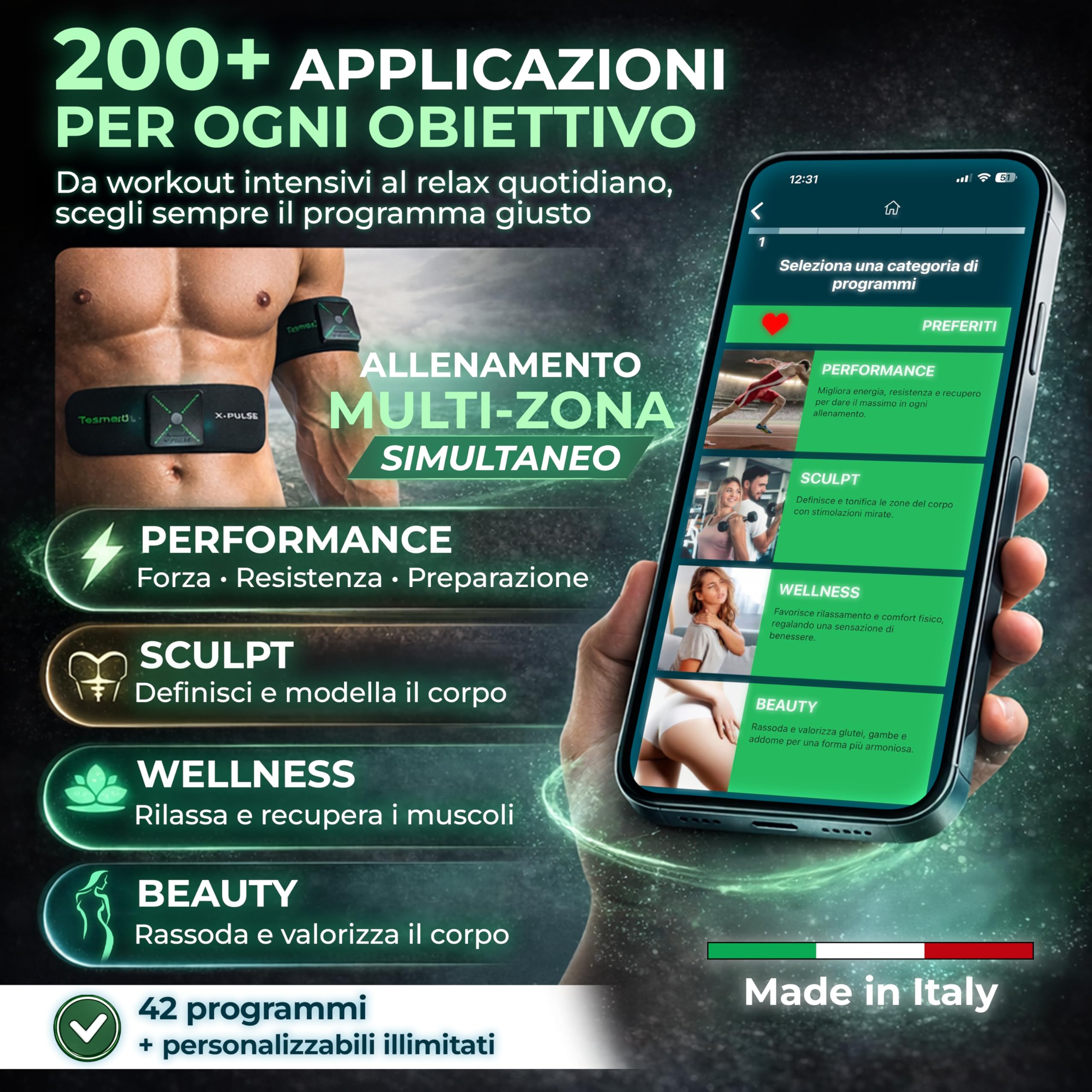 TESMED X-Pulse Elettrostimolatore Muscolare Ricaricabile Wireless EMS con App – 2 Dispositivi Inclusi, Programmi Personalizzabili illimitati, Multi-Zona, 130 Livelli di Intensità, Il più Potente
