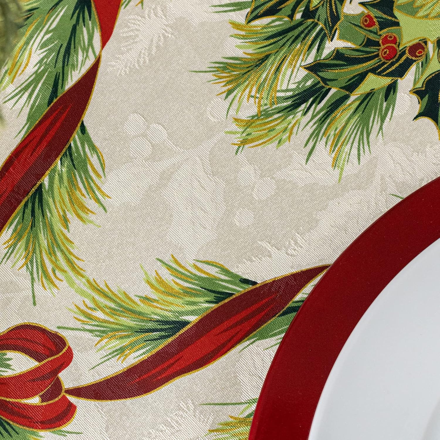 Benson Mills Christmas Ribbons Engineered Printed Fabric Table Cloth, Winter, Holiday and Christmas Tablecloth (70" Round, Xmas Ribbons)