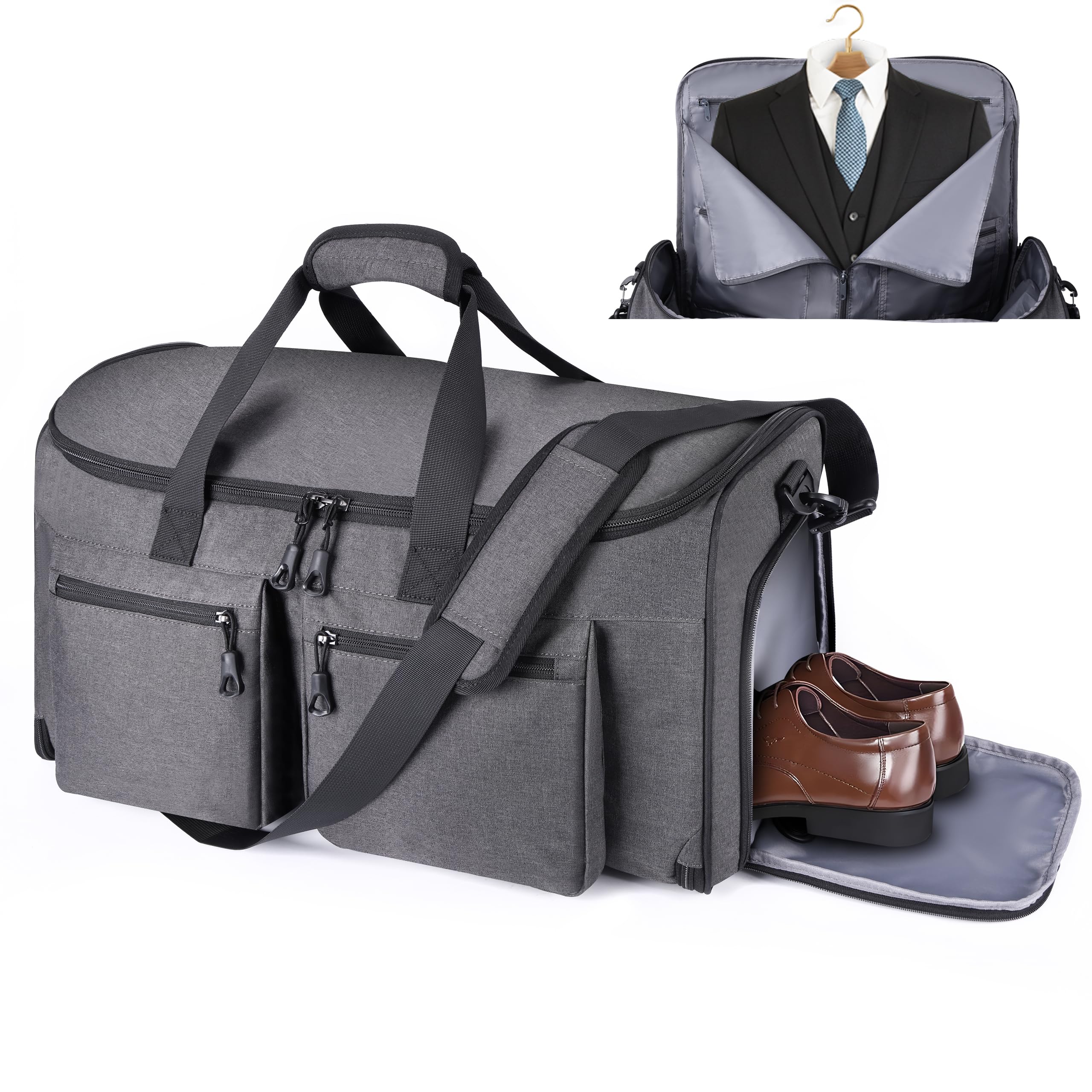 HILOMON Convertible Duffle Bags for Travel Carry On Suit Duffle Bags with Shoulder Strap 2 in 1 Hanging Garment Duffle Bag for Men Women (Grey)