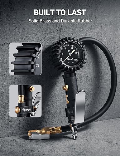 Miniatura 6 de AstroAI - Inflador de neumáticos con medidor de presión, 100 PSI, accesorios de compresor de aire mecánico, resistente con manguera de goma y