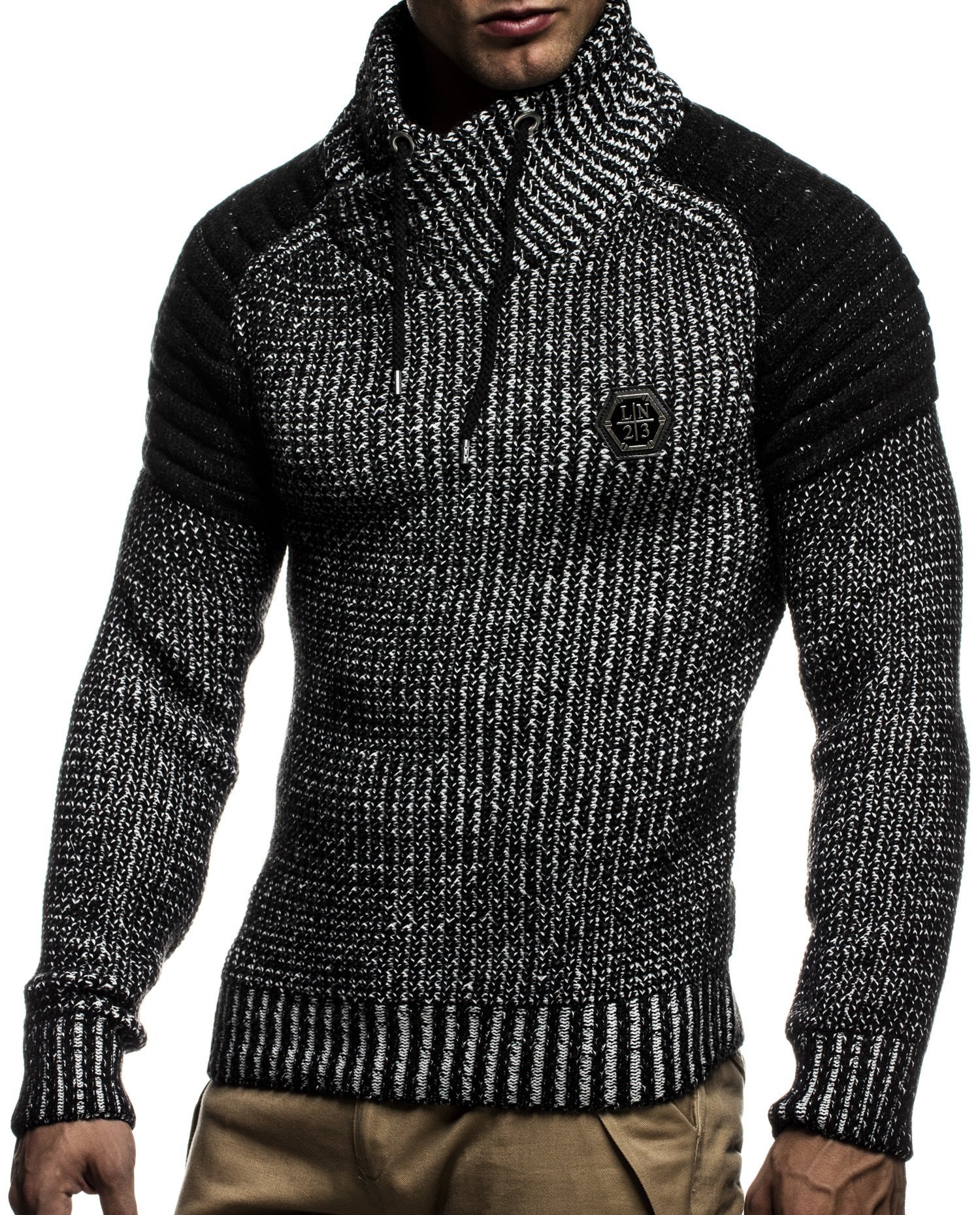 Leif Nelson Men's Pullover Knit Sweater Chunky Knit Shawl Collar LN-5235 Black-Ecru Medium