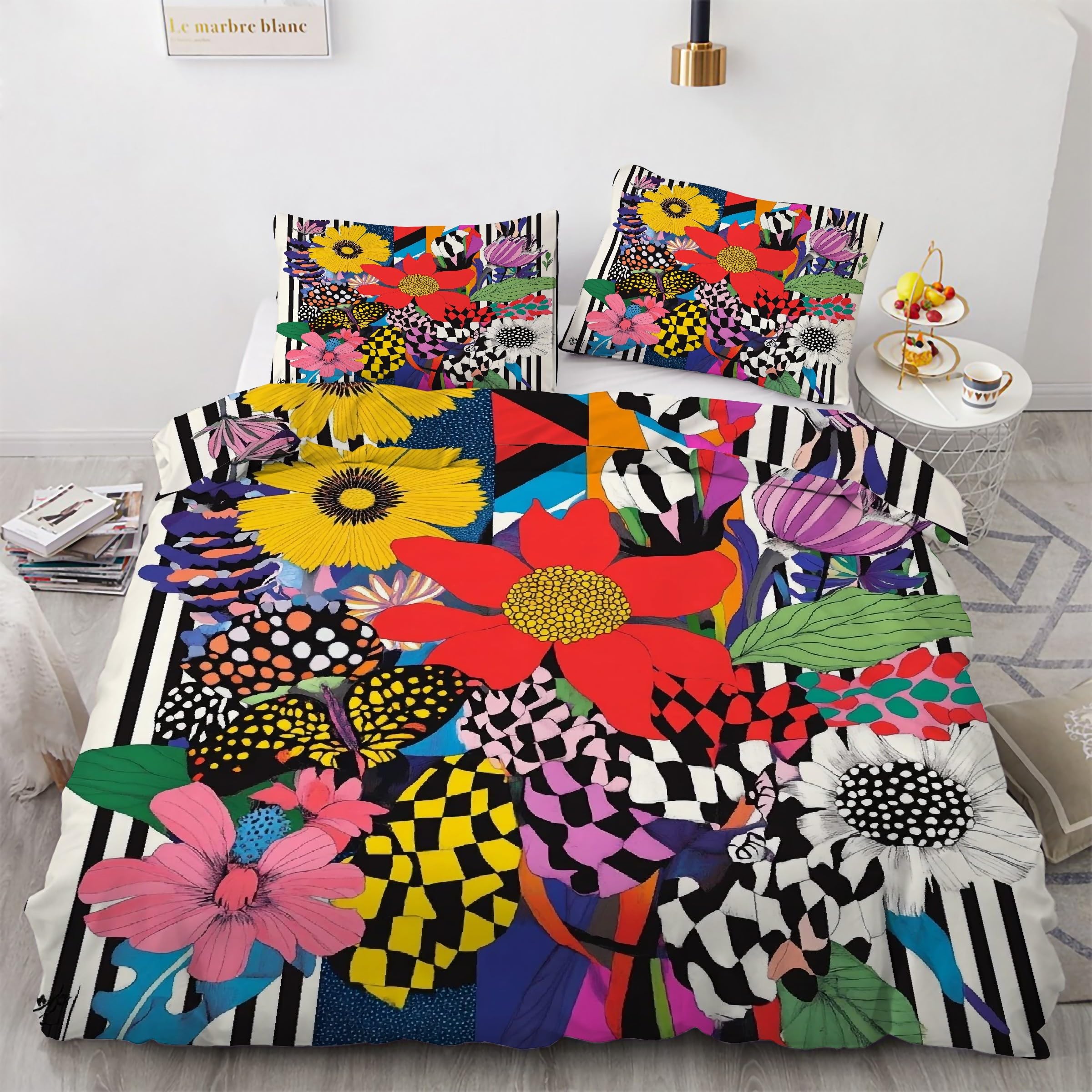 Parure de lit 90x190 treillis avec housse de couette fleurs et 2 taies