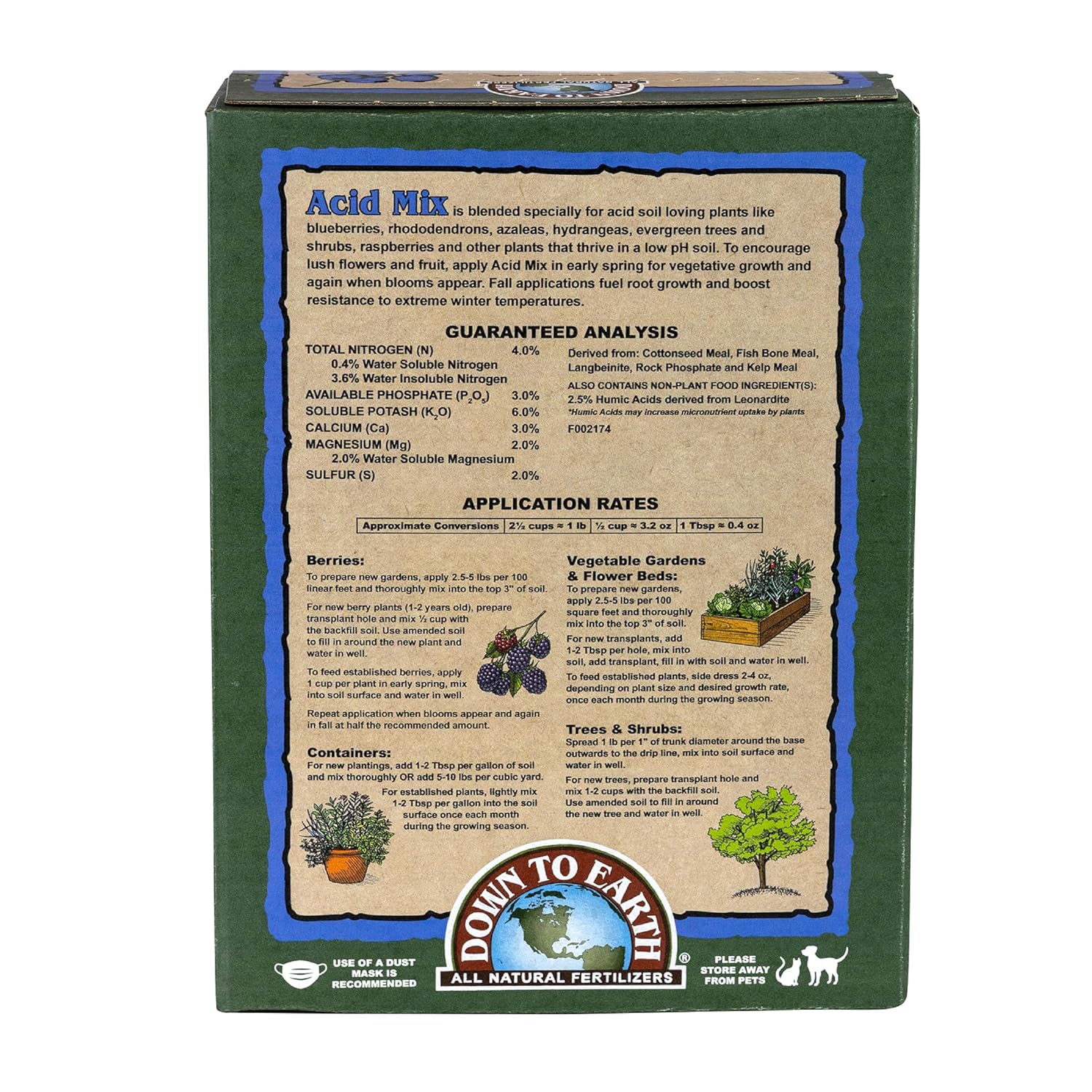 Down To Earth All Natural Fertilizers Organic Acid Mix - Plant Food for Blueberries, Raspberries, Azaleas and Rhododendrons 4-3-6, 15 lb
