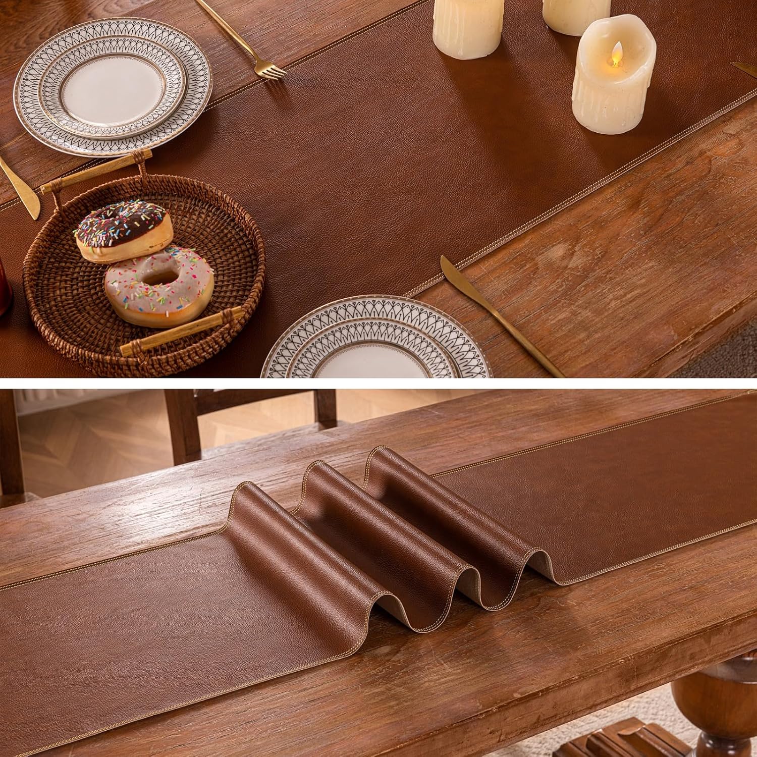 PU Leather Table Runner 71×13 Inches Long,Brown Vintage Waterproof Coffee/Tea Mats,Vagen Leather Tablerunner for Dining Table/Living Room/Bed Decor