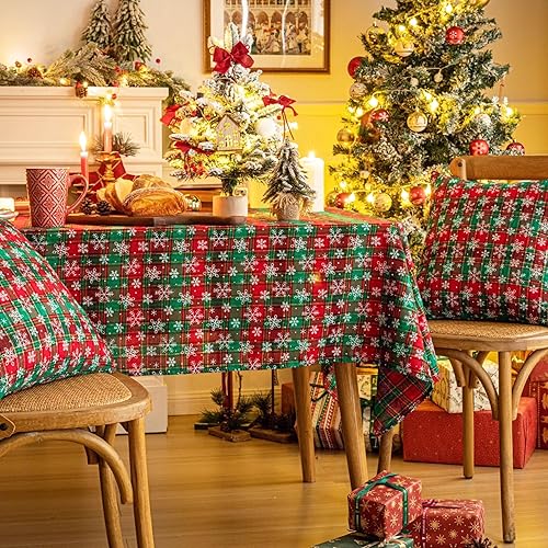 Miniatura 5 de AQOTHES Red Green Plaid Snowflake Christmas Tablecloth 60x104, Tartan Table Cloth Decorations, Winter Holiday Tablecloths for Rectangle Tables