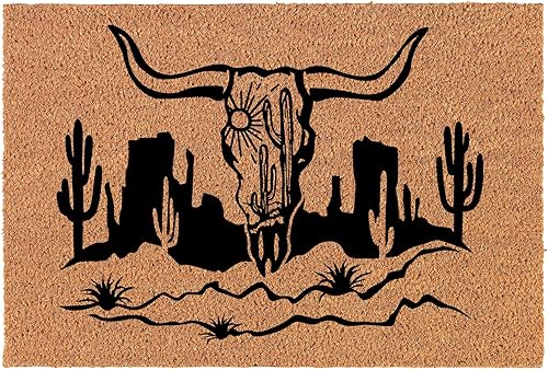 Felpudo de bienvenida de fibra de coco para puerta, regalo de vaca, calavera, cactus, desierto, escena occidental (30 x 18 pulgadas)