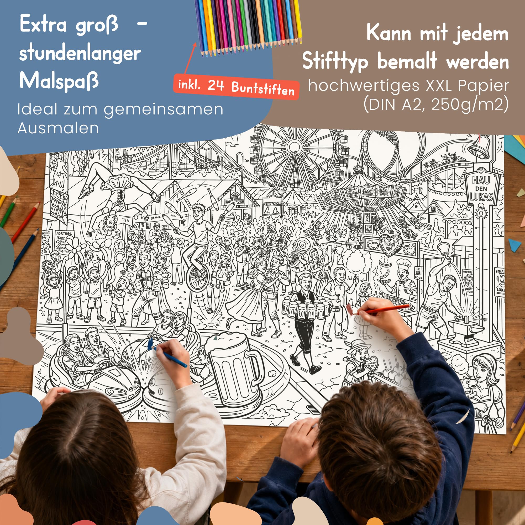 5 x plakat XXL do kolorowania z 24 kredkami, jarmark dla dzieci