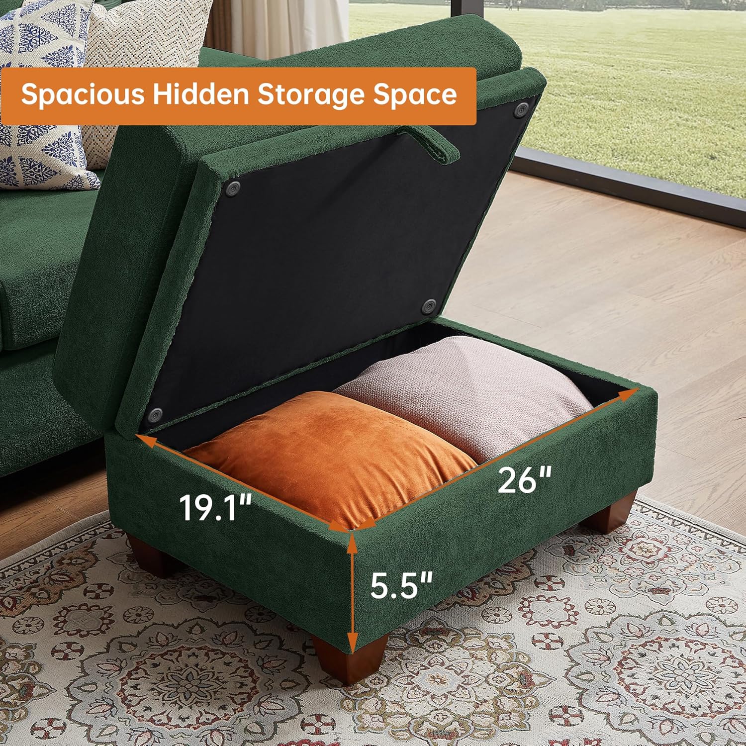 108" Sectional Sofa, Convertible L Shaped Sofa with Ottoman and Large Storage, 4 Seat Sectional Couch with Cup Holder, Couches for Living Room, Apartment, Office (Green)