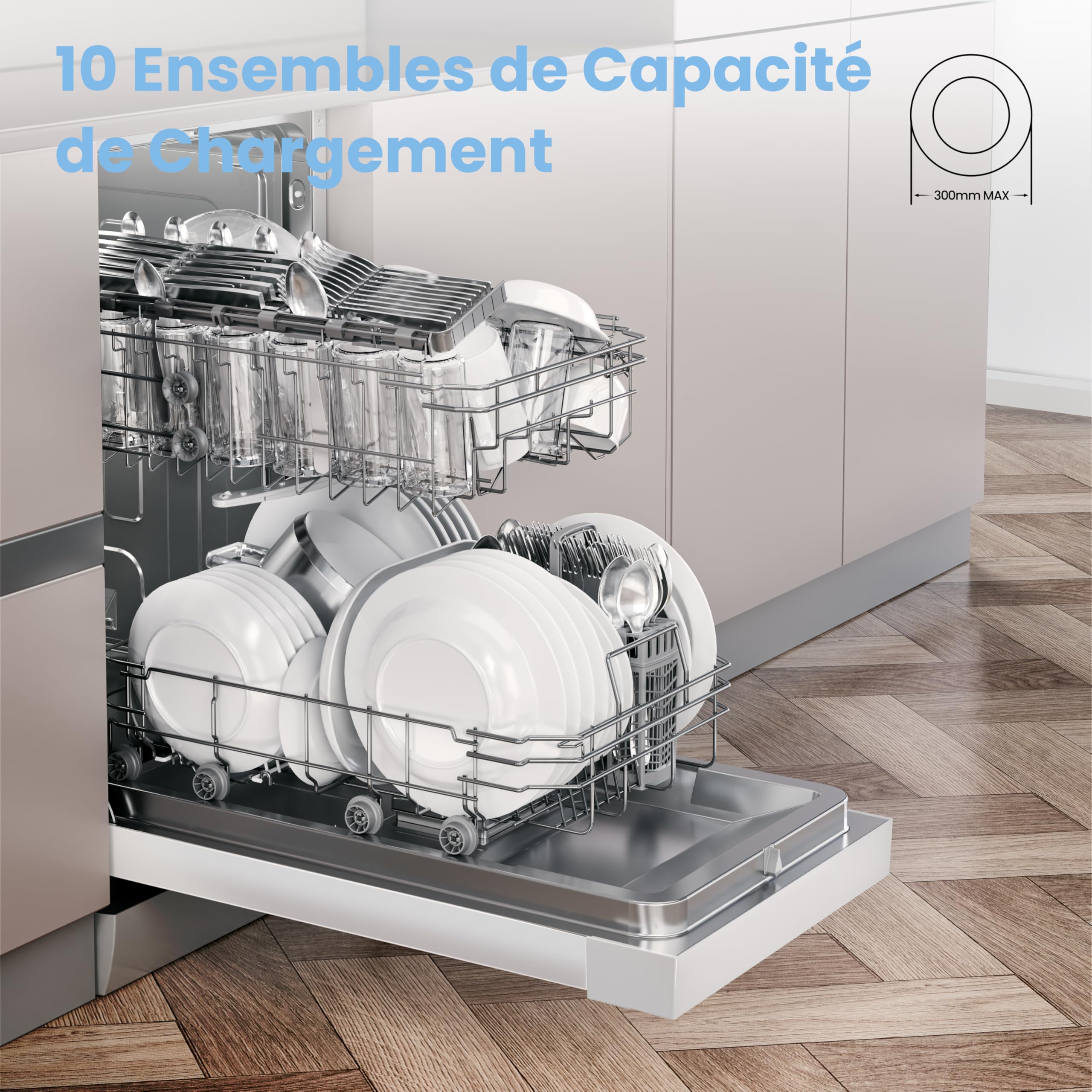 COMFEE' CDWEF1034BW Lave-vaisselle indépendant 10 couverts démarrage différé fonction demi-charge paniers flexibles Blanc