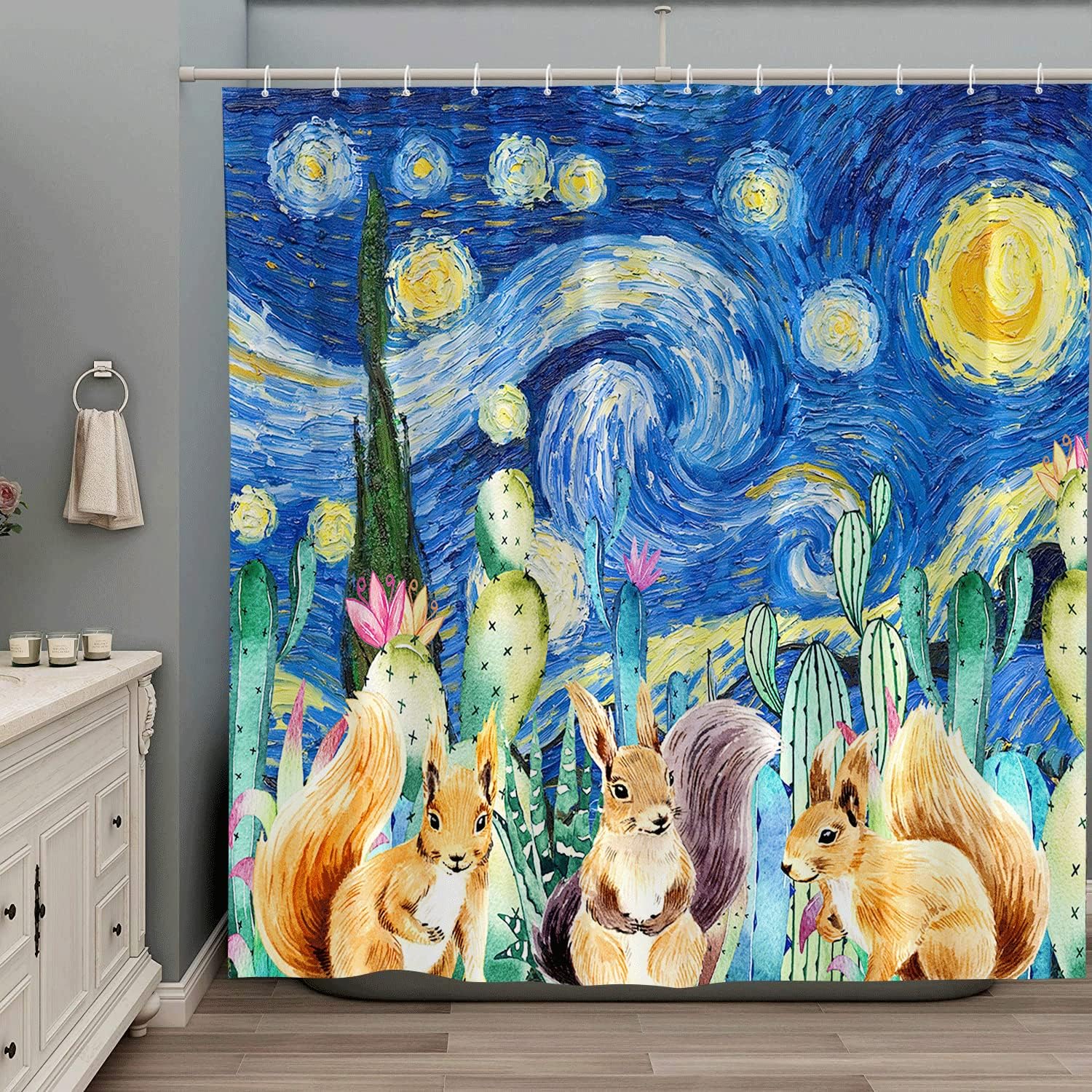 Starry Night Shower Curtain Funny Animal Squirrel Blue Starry Sky Oil Paiting Rustic Farmhouse Cactus Flower Spring Wildflowers Nature Scenery Creative Polyester Fabric with Hooks 106Wx70H Inch