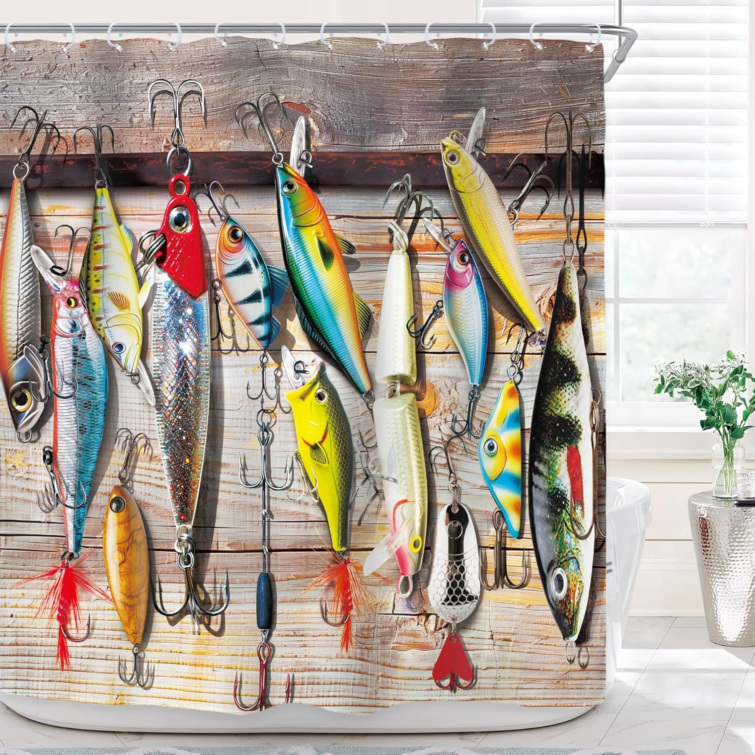 Riyidecor Brown Fishing Lure Shower Curtain for Bathroom Decor 72Wx72H Fish Fisherman Ocean Barn Door Rustic Vintage Wooden Board Retro Art Printed Fabric Polyester Waterproof 12 Pack Plastic Hooks