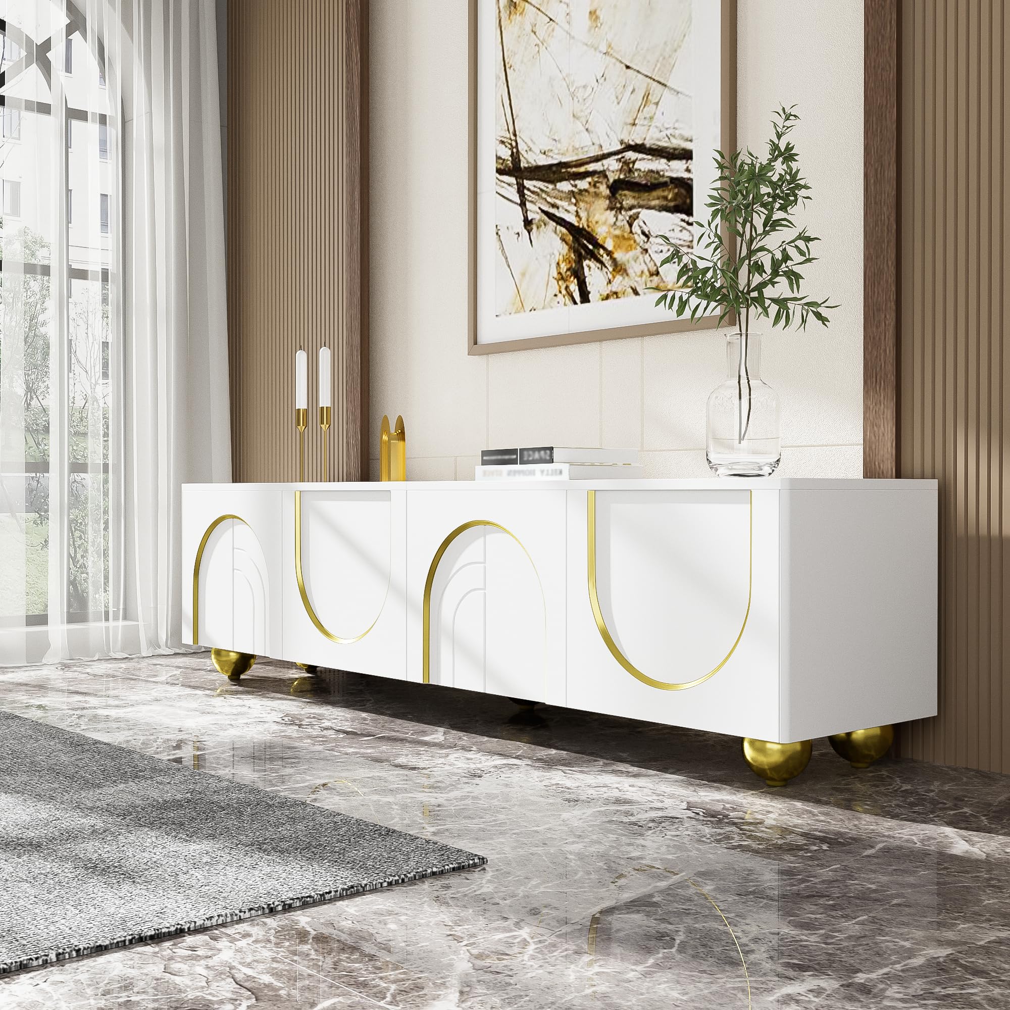 Mobile TV lowboard con ante strutturate, decorazioni dorate, gambe rotonde dorate, ripiani inclusi, push-to-open (bianco e oro, 170 x 38 x 44 cm)