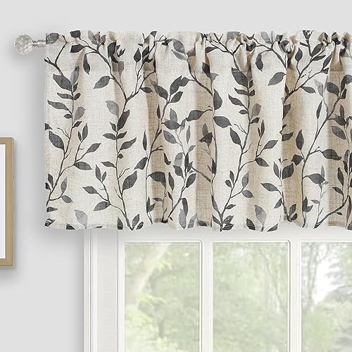 Cenefa de cocina de lino, cenefas de cortina con estampado de hojas de árbol para baño, dormitorio, sala de estar, decoración de granja con bolsillo