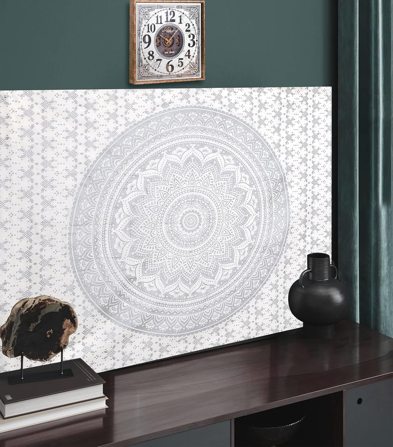 FURNISHFUL FINESSE Mandala Tapestry Indian Aesthetic Wall Tapestries for Bedroom Psychedelic Ombre Wall Decor Boho Bohemian Wall Art & Home Dorm Decorative - White Silver - 90x108 Inches