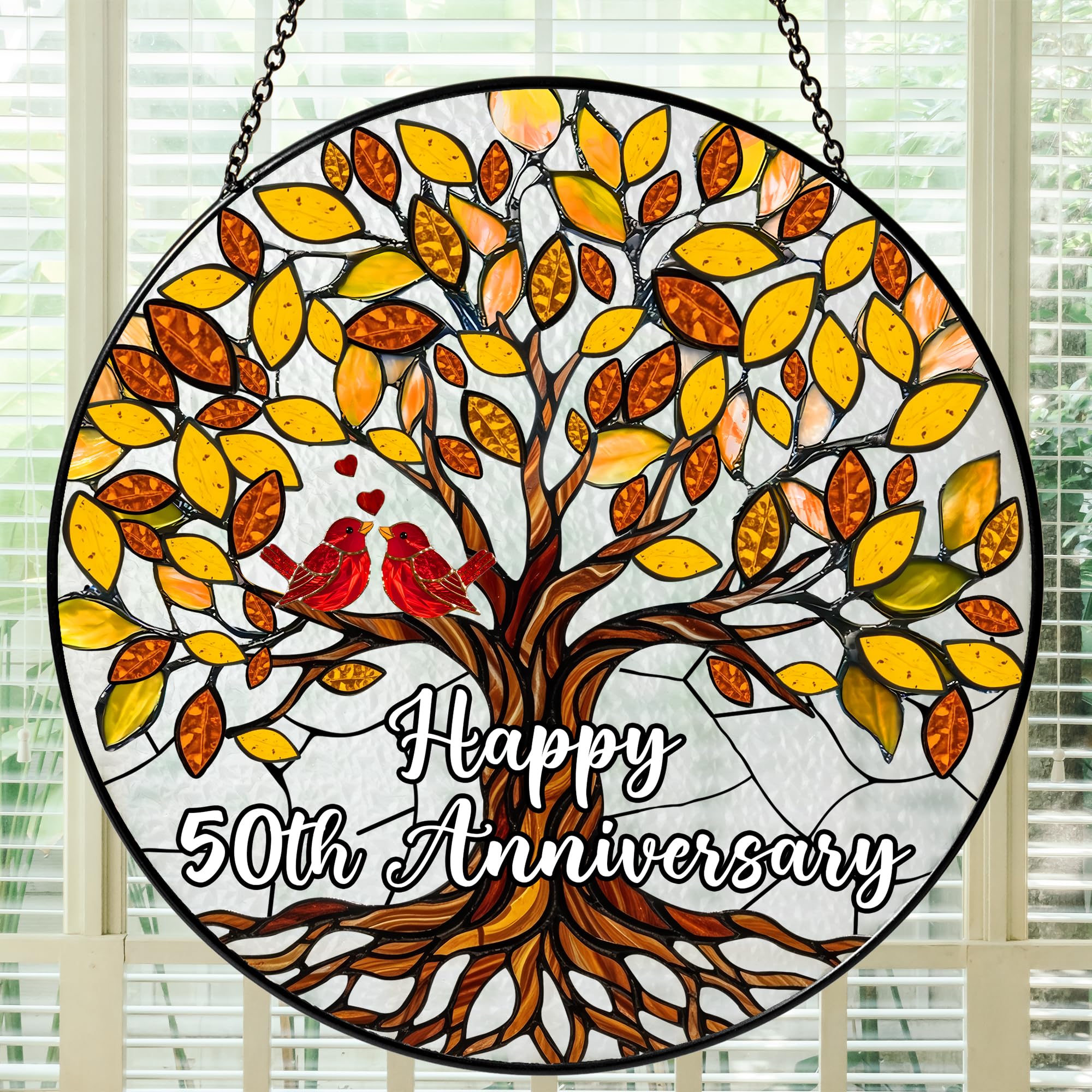 Bozspacer 50th Wedding Anniversary Suncatcher โ Golden for Couple or Parents, Tree of Life Yellow Stained Glass Window Hanging, 50 Years of Love Decor โ image 1