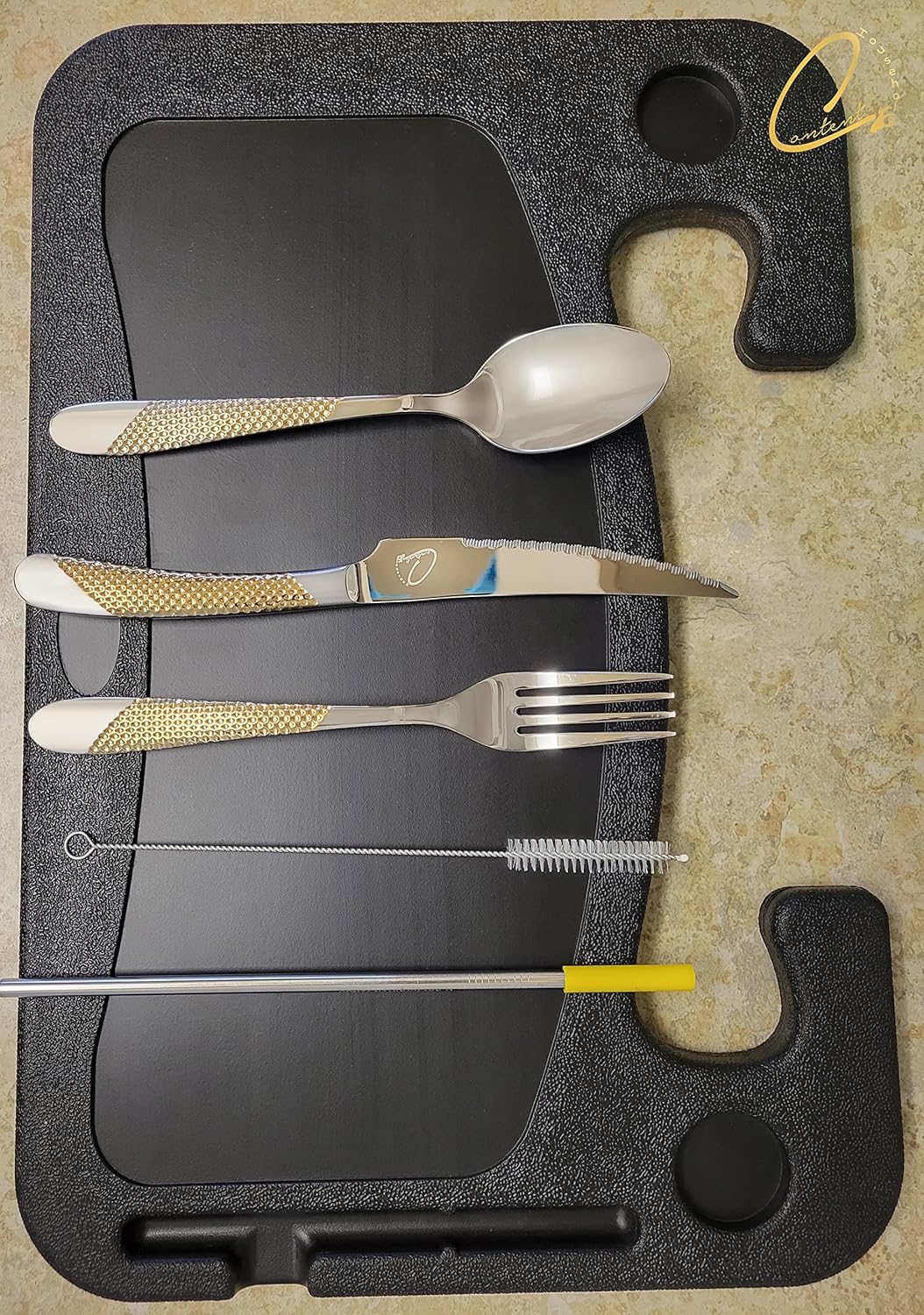 Travel Cutlery Set 8 Pieces with Case - Reusable Stainless Steel Flatware Fork Knife Spoon Metal Straw - Portable Utensils Gold Silver Camping Silverware Kit